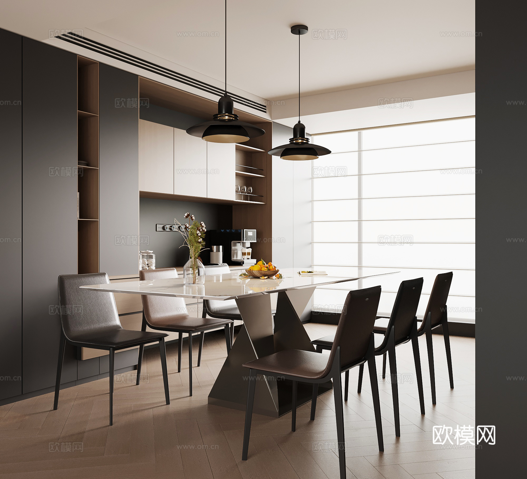 现代意式餐厅 酒柜 餐桌椅su模型