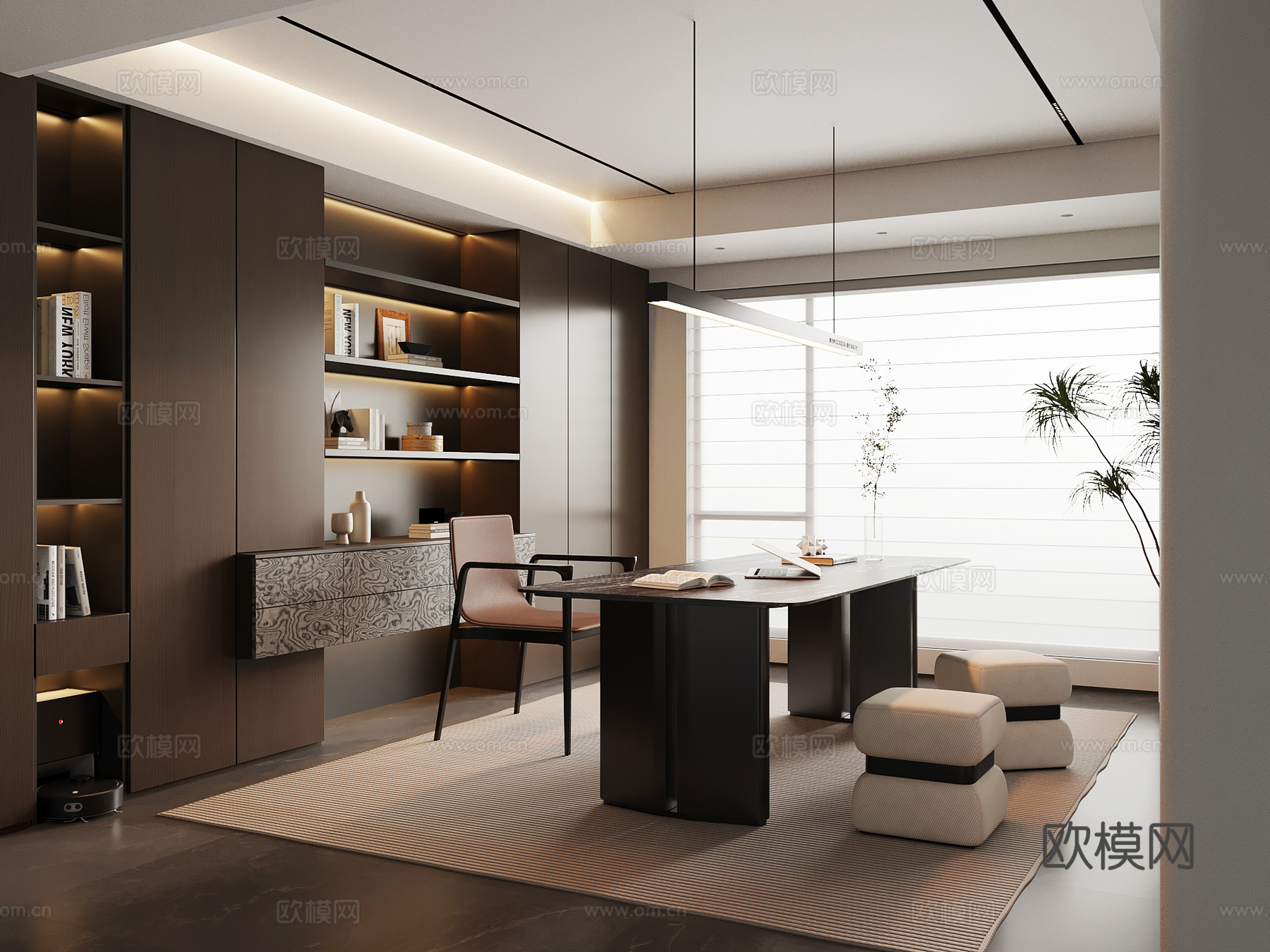 现代意式书房 书桌椅 书柜su模型