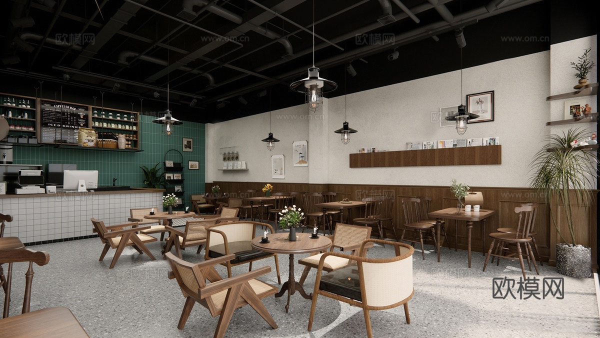 中古复古咖啡厅 奶茶店 咖啡吧台水吧台 咖啡桌椅组合su模型