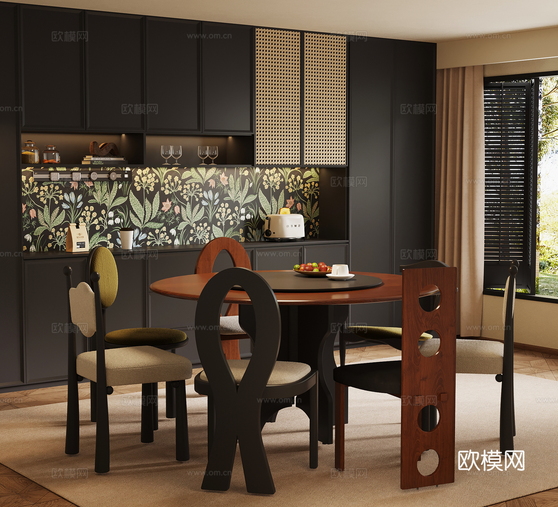 法式复古餐厅 餐桌椅 餐边柜su模型
