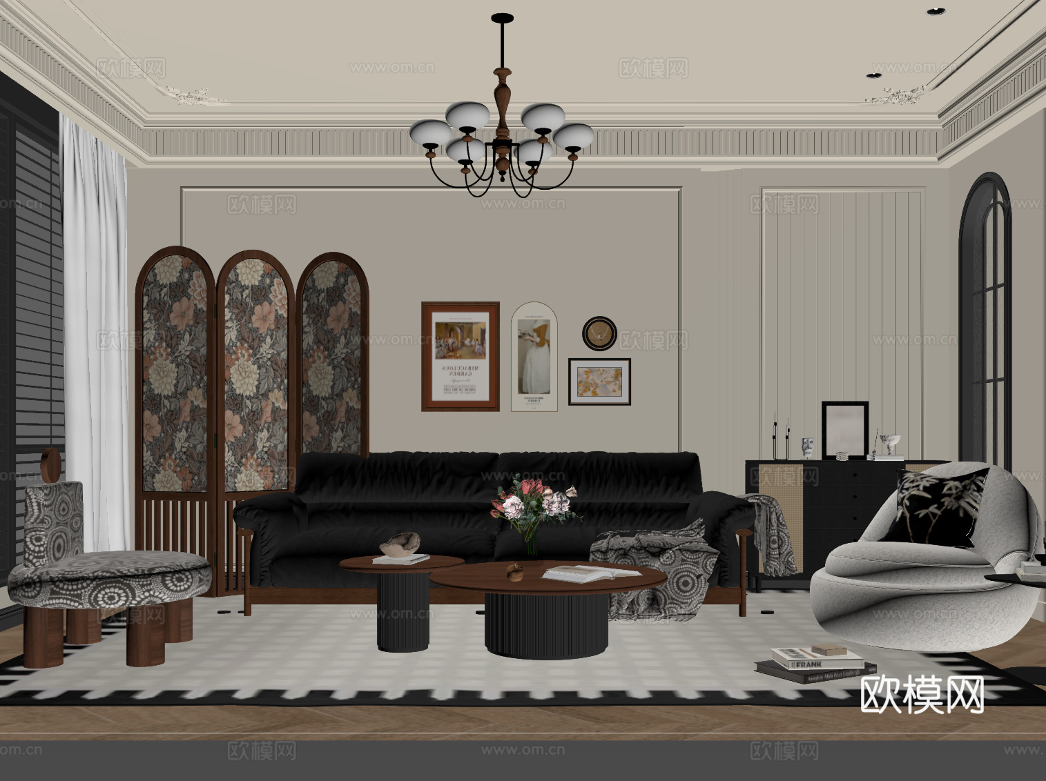 法式中古风客厅 沙发茶几组合su模型