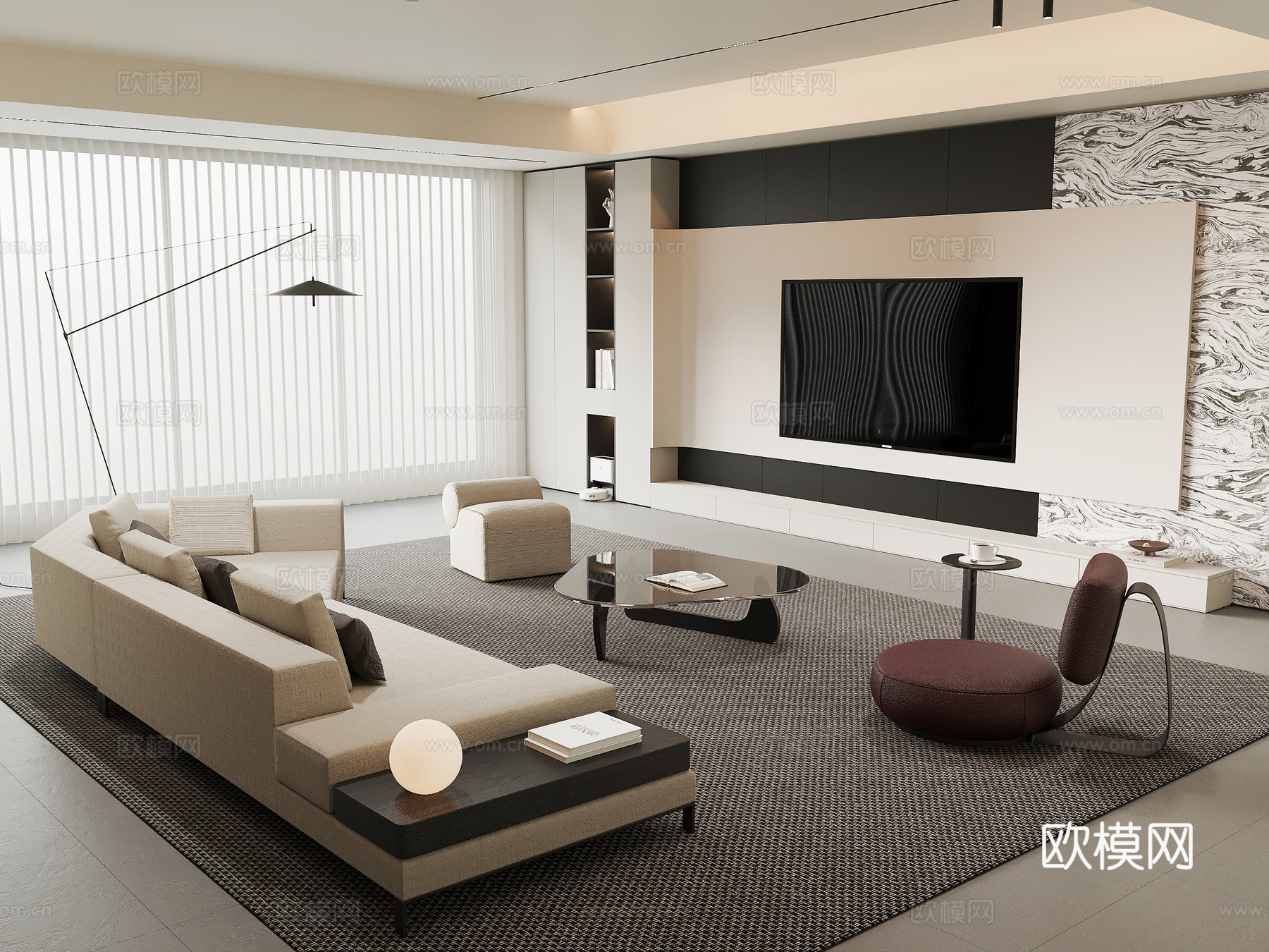 现代意式客厅 沙发茶几组合 电视背景墙su模型
