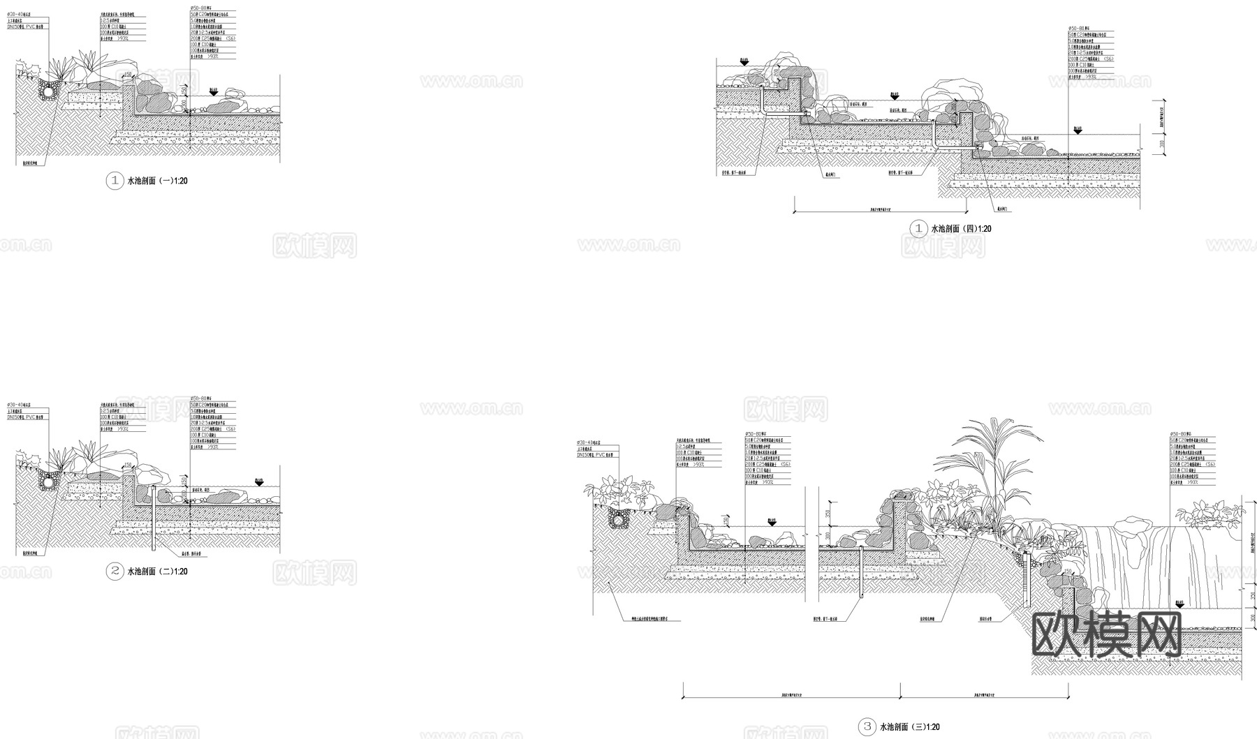 园林景观水池假山造景cad施工图