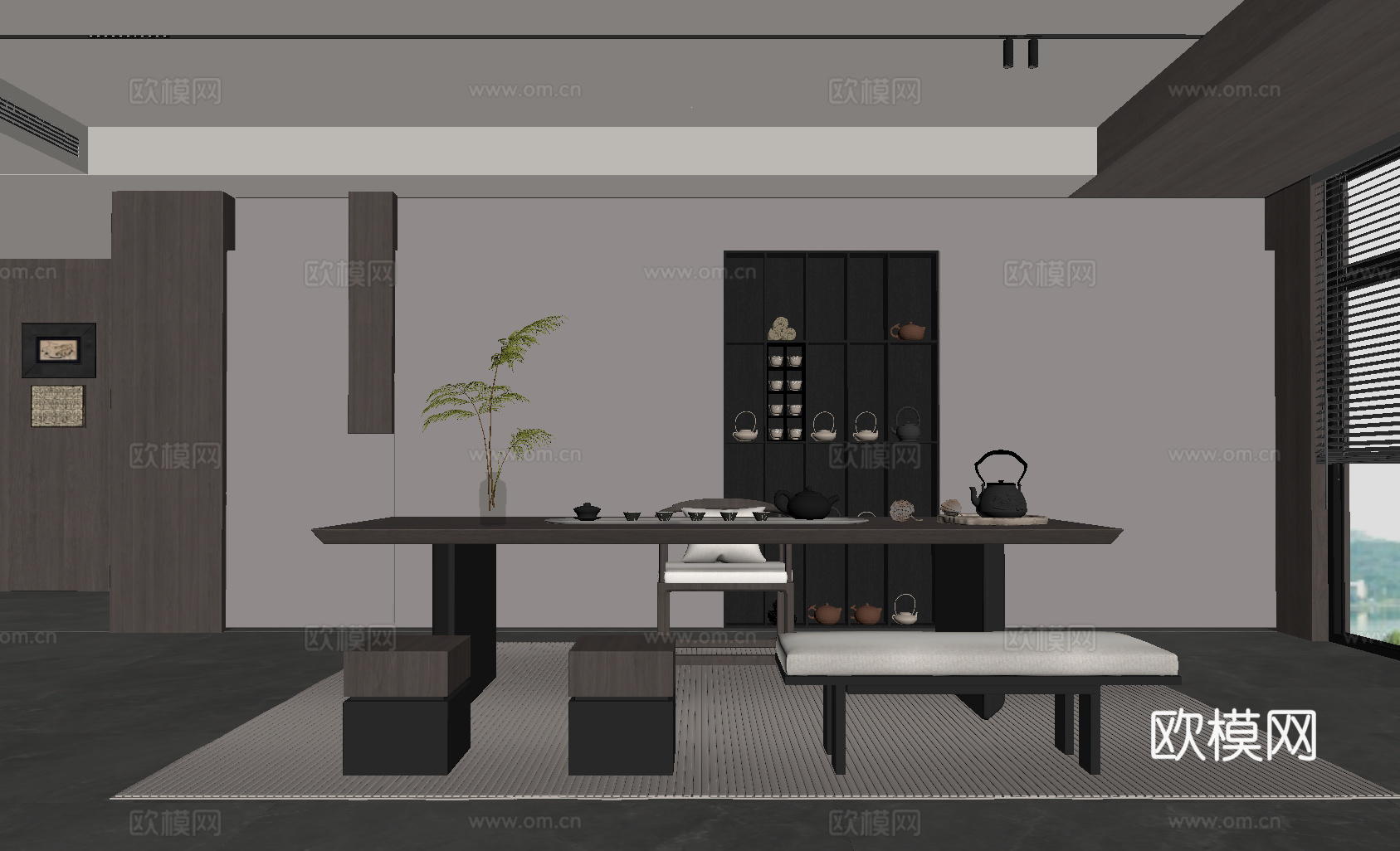 现代意式茶室 茶桌椅 茶室背景墙su模型