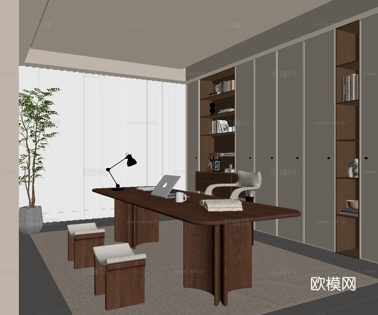 中古风书房 书桌椅 书柜su模型