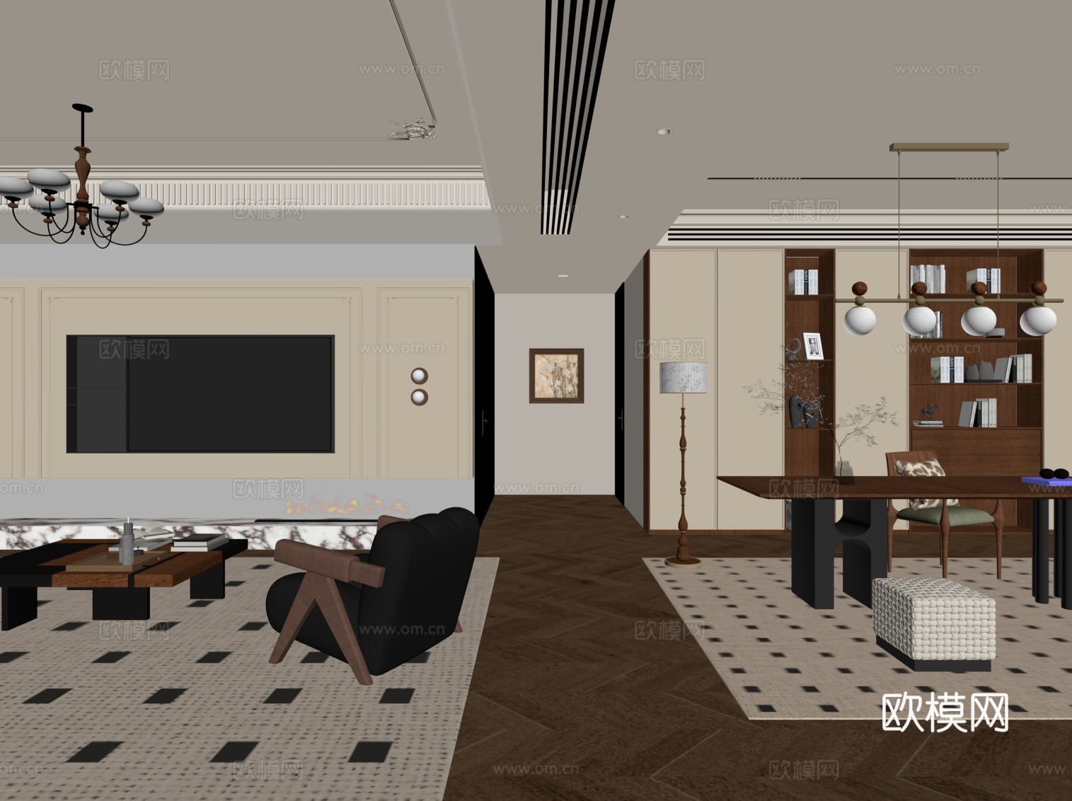 法式中古风客餐厅 书房 书桌椅su模型