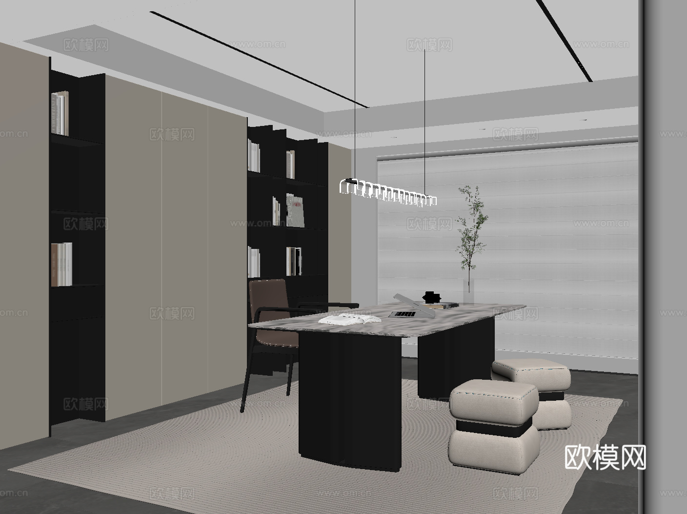现代意式书房 书桌椅 书柜su模型