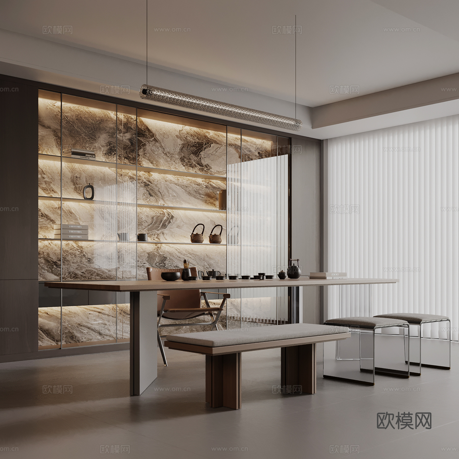 现代茶室 茶叶柜 茶桌椅su模型