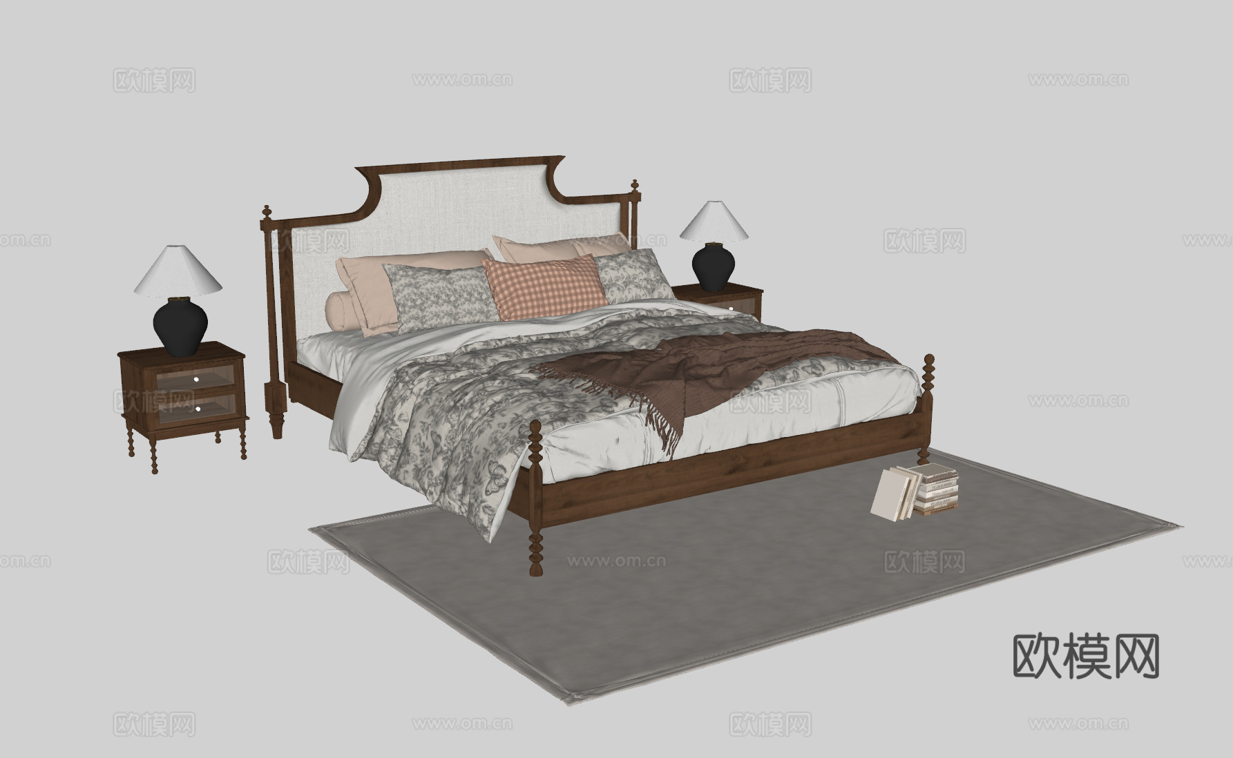 中古风双人床su模型