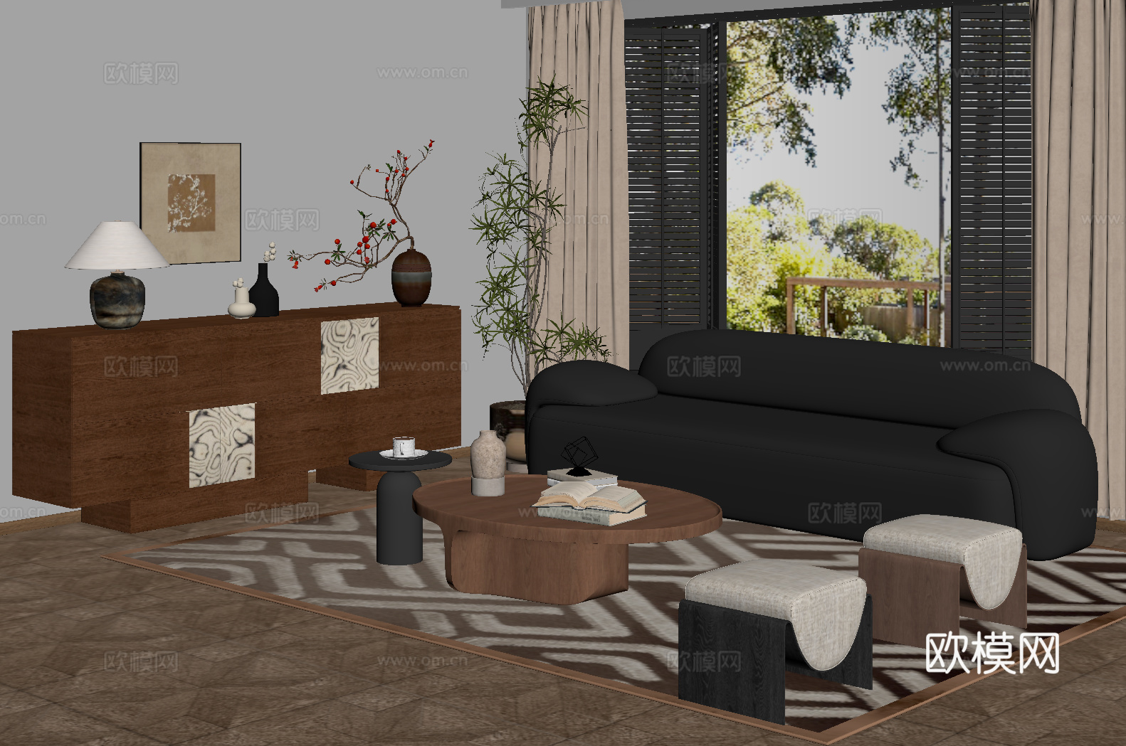 现代中古风客厅 沙发茶几组合 书柜su模型