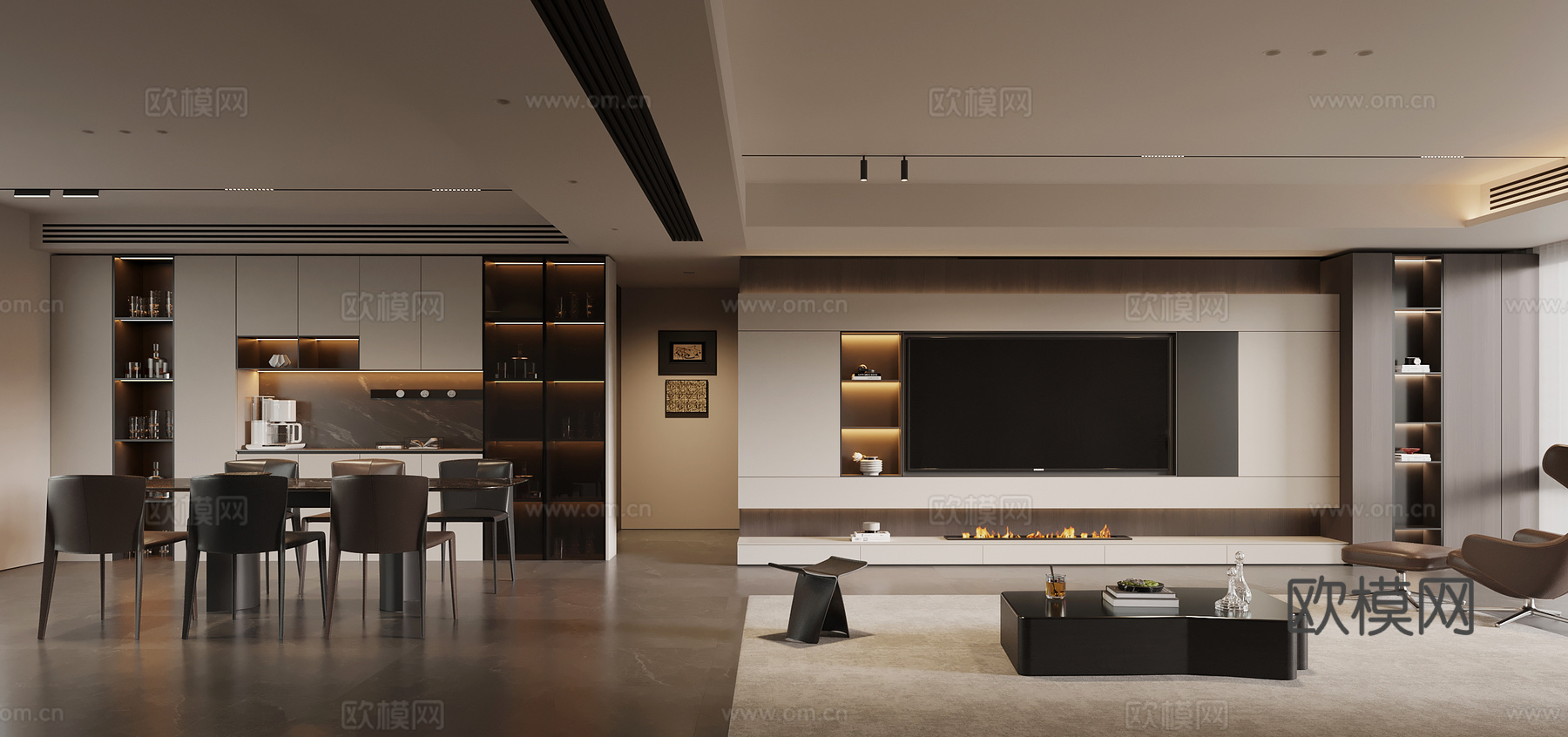 现代客餐厅 电视背景墙 酒柜 餐桌椅su模型