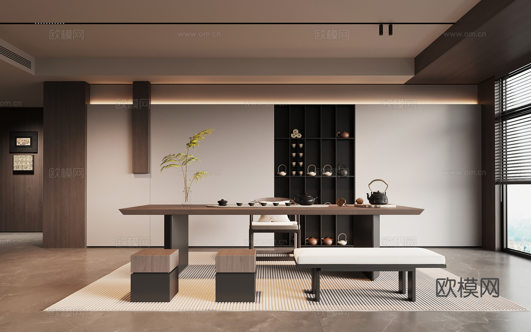 现代意式茶室 茶桌椅 茶室背景墙su模型