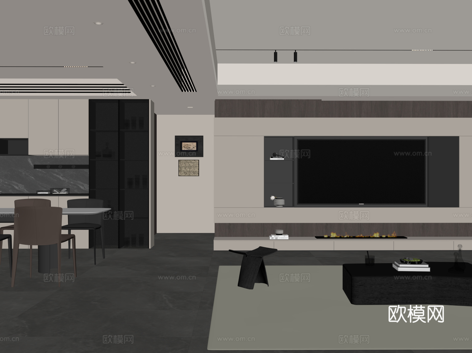 现代客餐厅 电视背景墙 酒柜 餐桌椅su模型