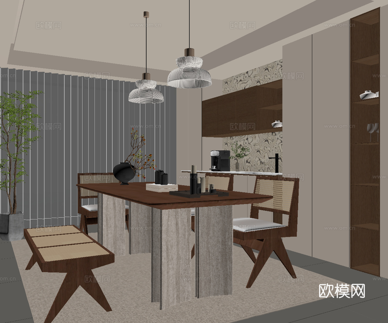 侘寂中古餐厅 餐桌椅 餐边柜su模型