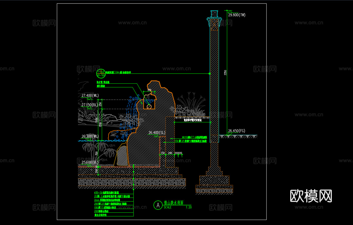 园林景观水池假山造景cad施工图