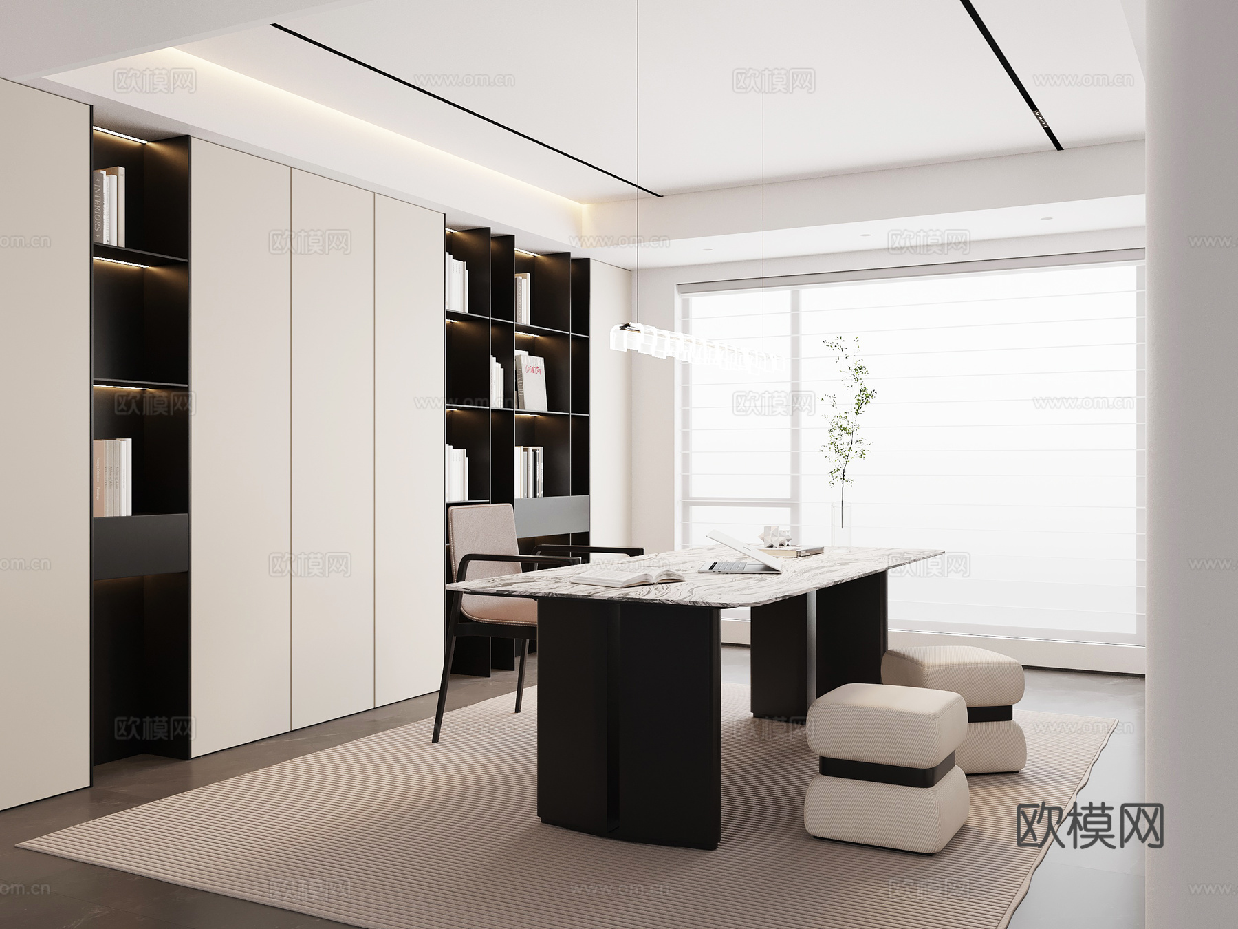 现代意式书房 书桌椅 书柜su模型