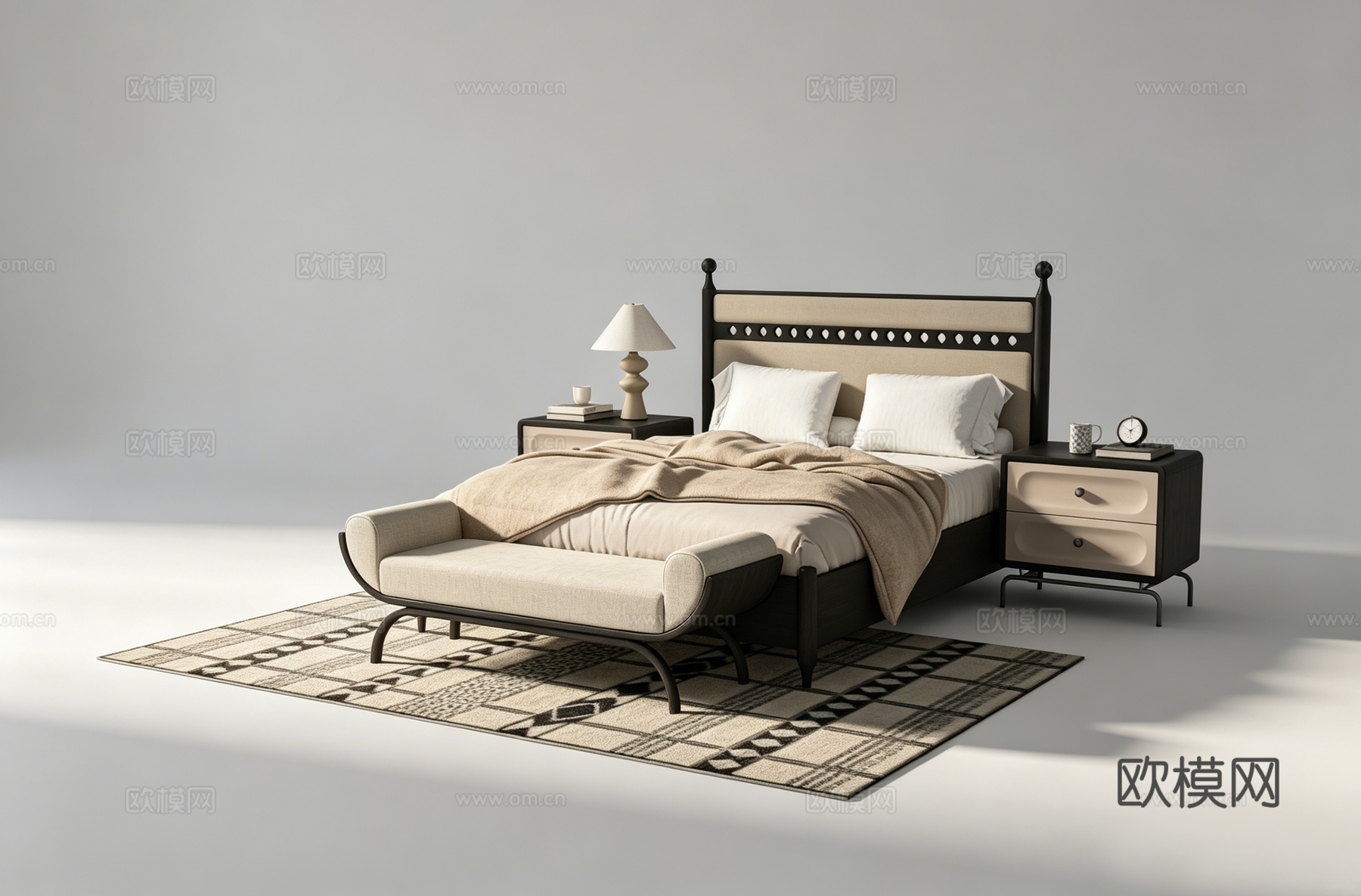 中古风双人床su模型