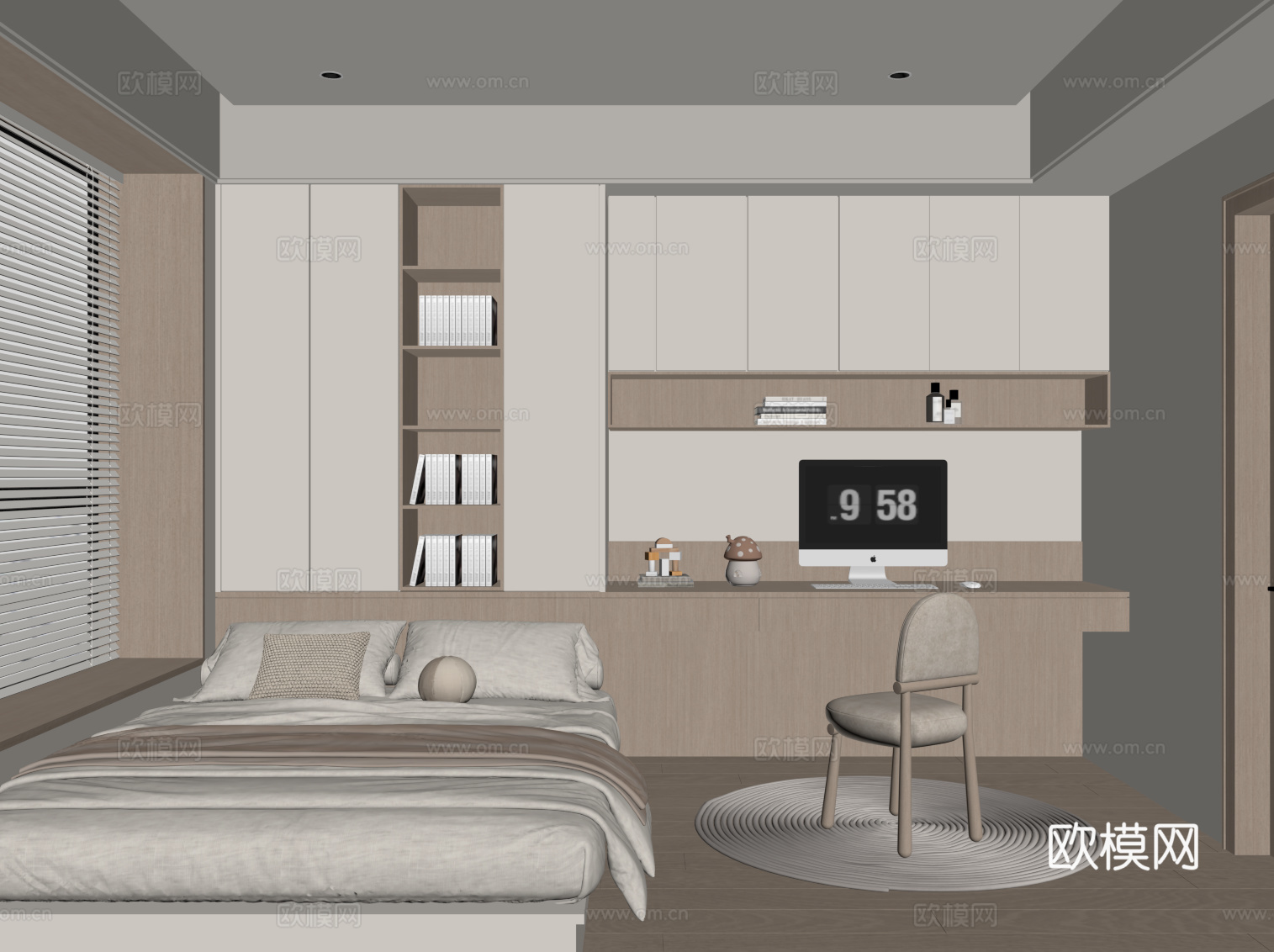 奶油风榻榻米卧室su模型