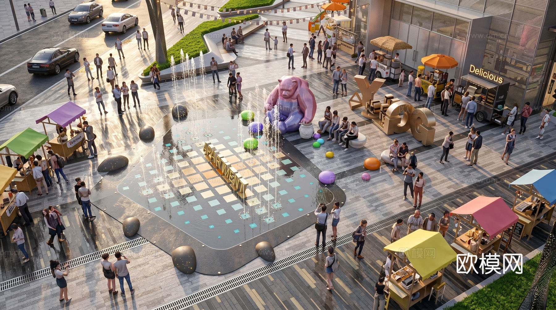 商业综合体  步行街  旱喷  雕塑su模型