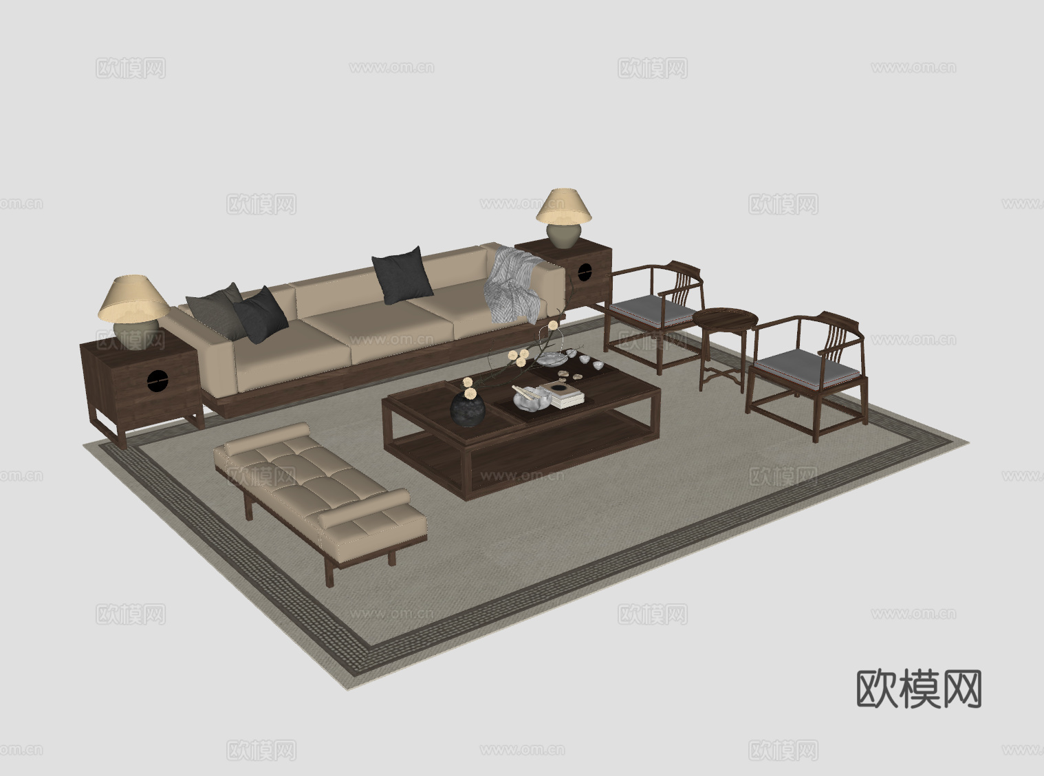 新中式客厅沙发组合su模型