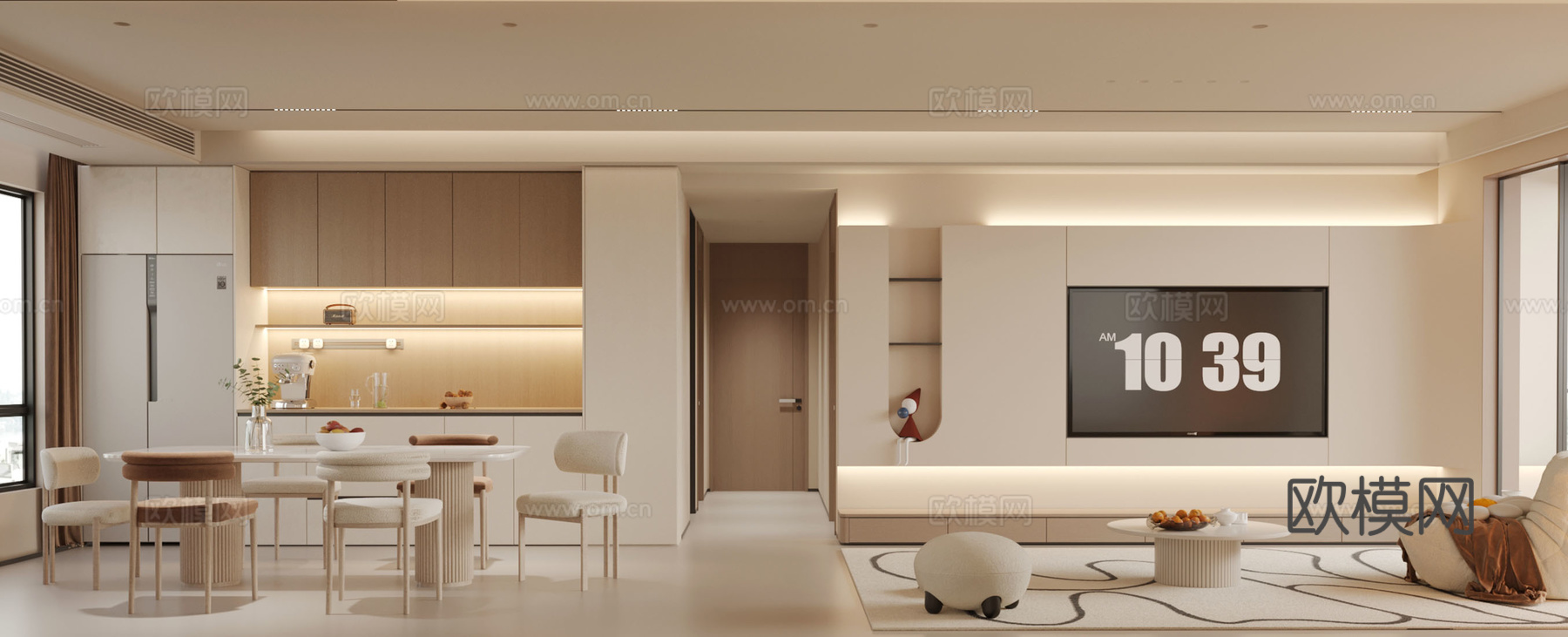 现代客餐厅 电视背景墙 酒柜 餐桌椅su模型