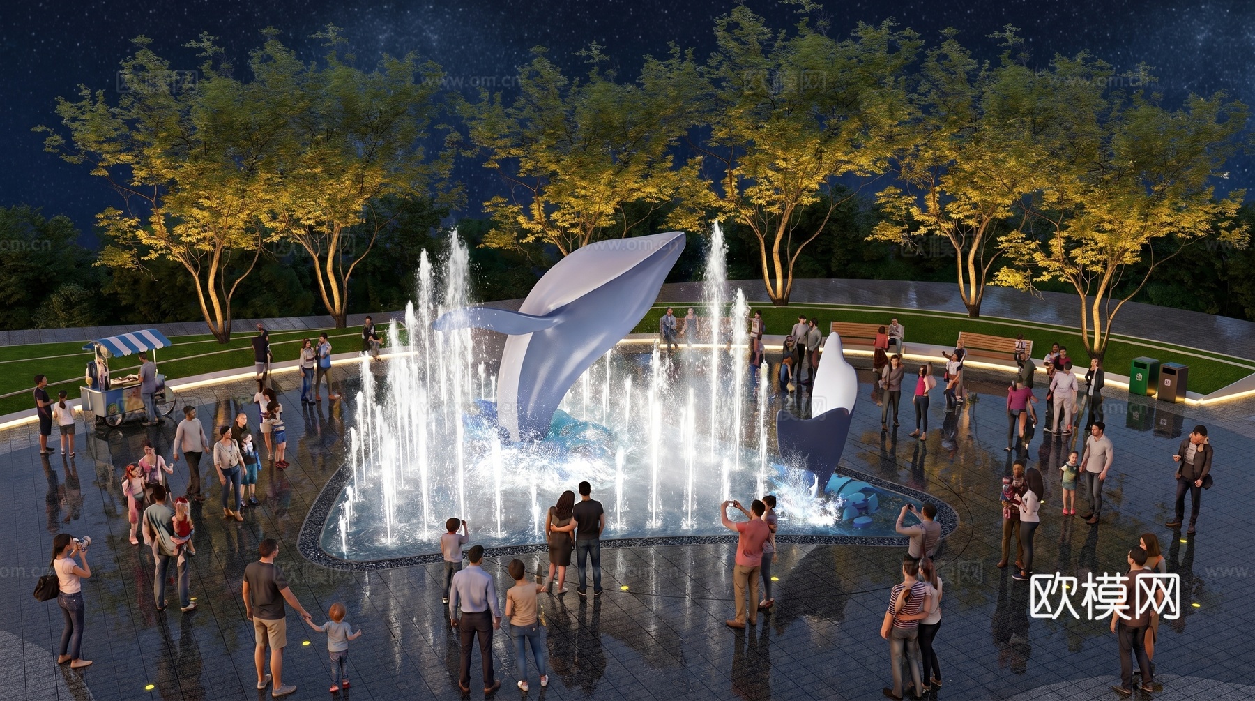 旱喷 雕塑  喷泉公园su模型