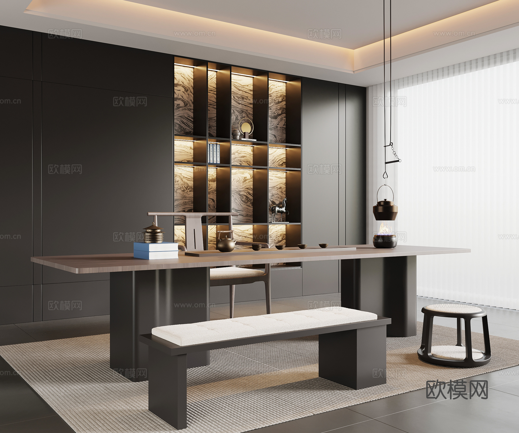 现代意式茶室 茶桌椅 茶柜su模型