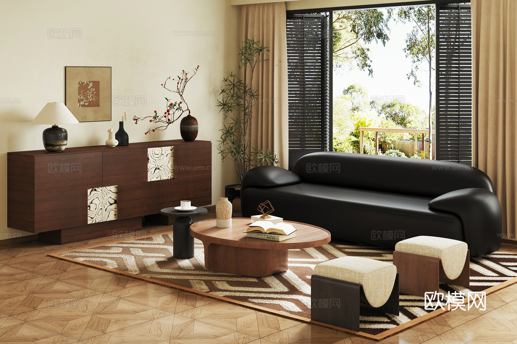 现代中古风客厅 沙发茶几组合 书柜su模型
