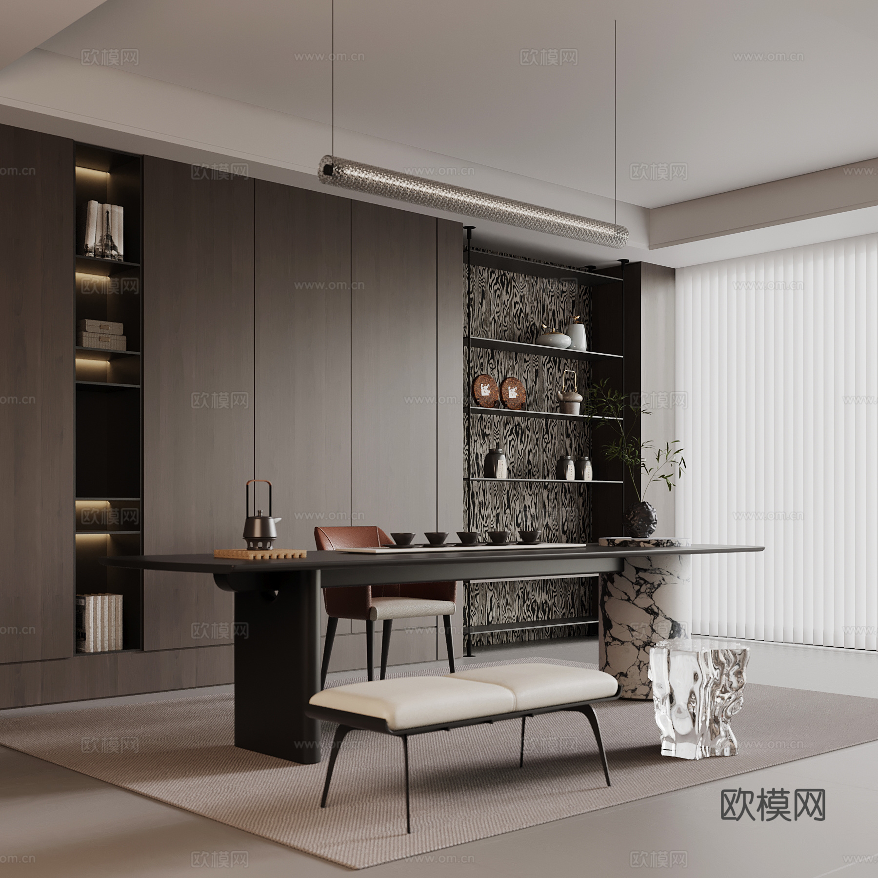 现代茶室 茶叶柜 茶桌椅 书房su模型