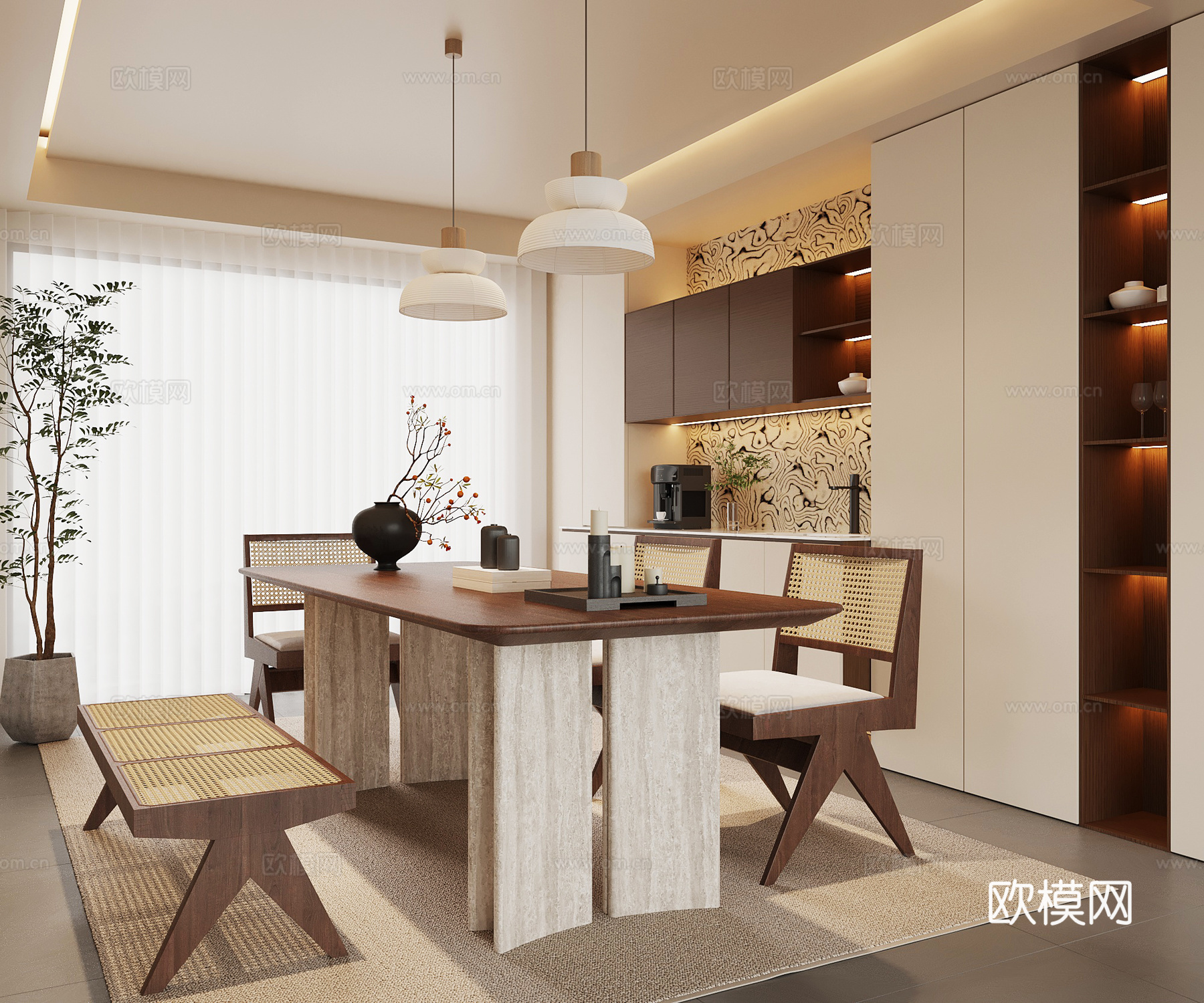 侘寂中古餐厅 餐桌椅 餐边柜su模型