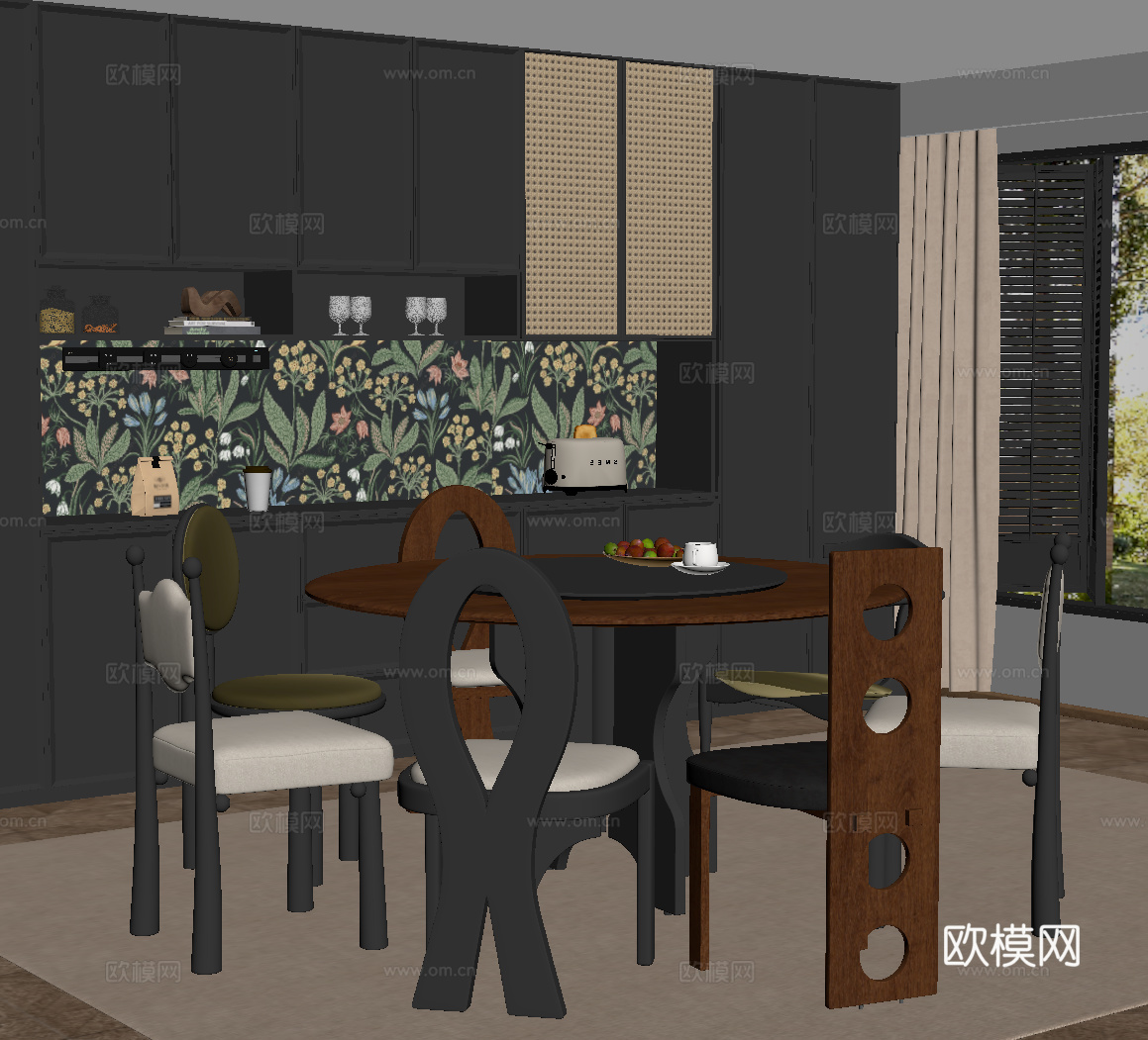 法式复古餐厅 餐桌椅 餐边柜su模型
