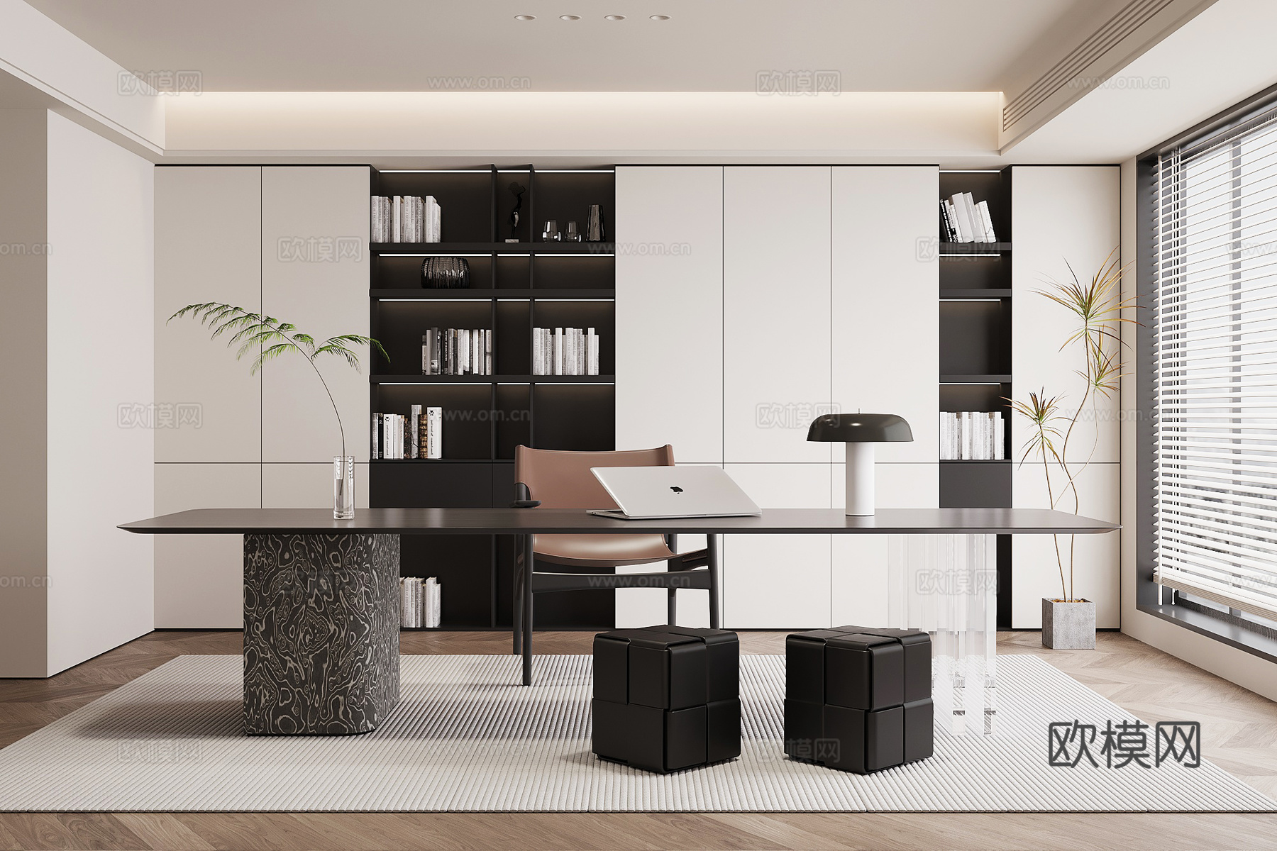 现代意式书房 书桌椅 书柜su模型