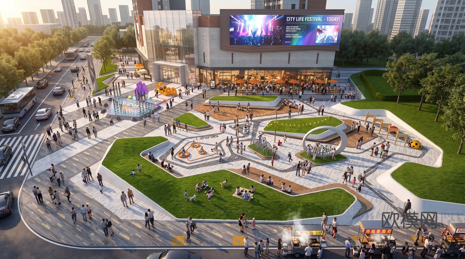 商业综合体  步行街  旱喷  雕塑su模型