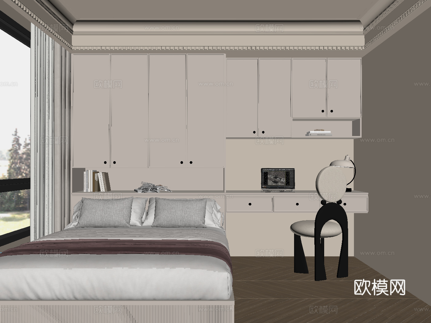 法式奶油风榻榻米卧室su模型