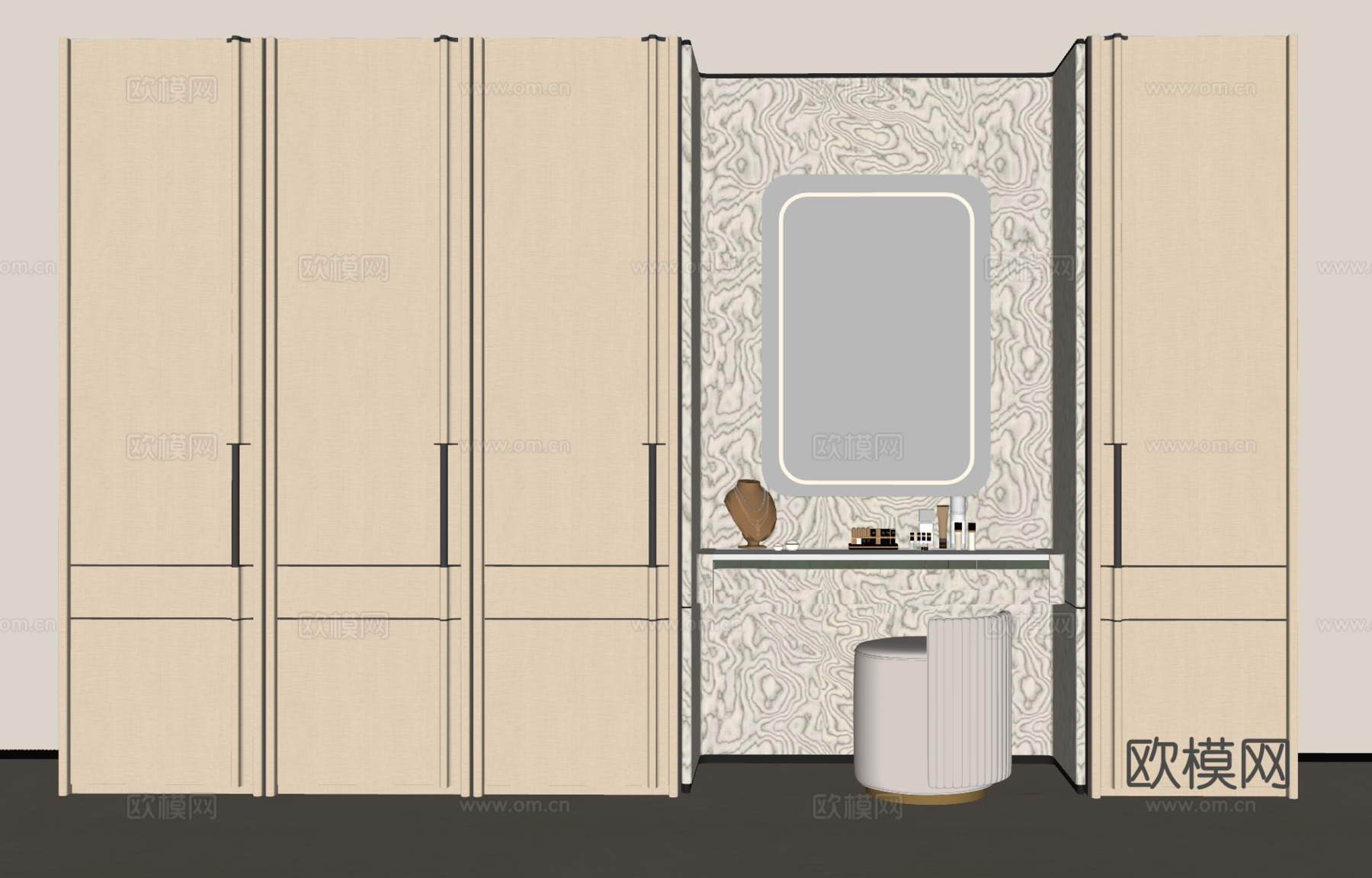现代 轻奢极简风衣柜 梳妆台 妆台妆凳组合 梳妆台 轻奢衣柜su模型