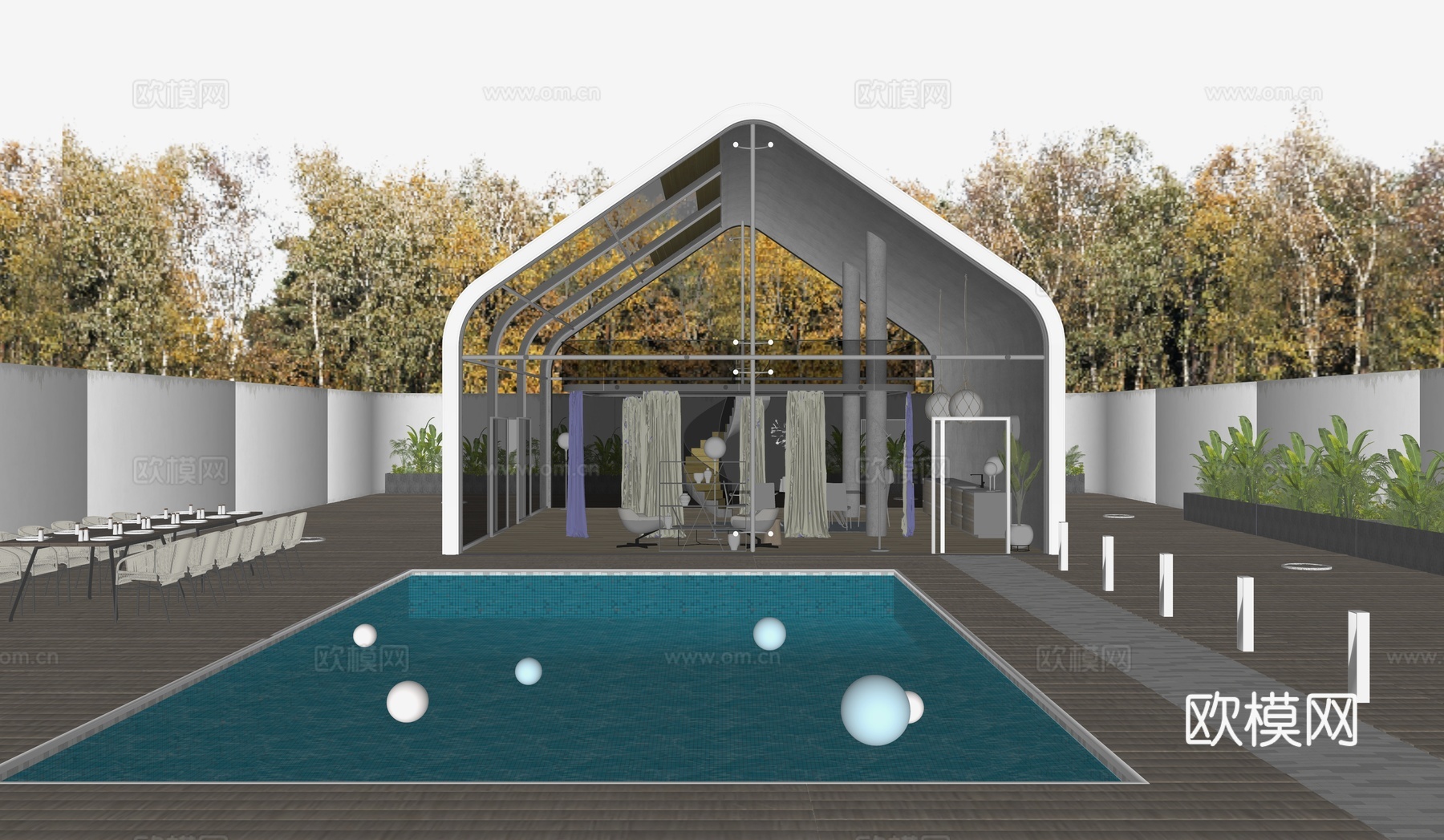 阳光房全案设计会所户外景观会客厅餐厅泳池派对su模型