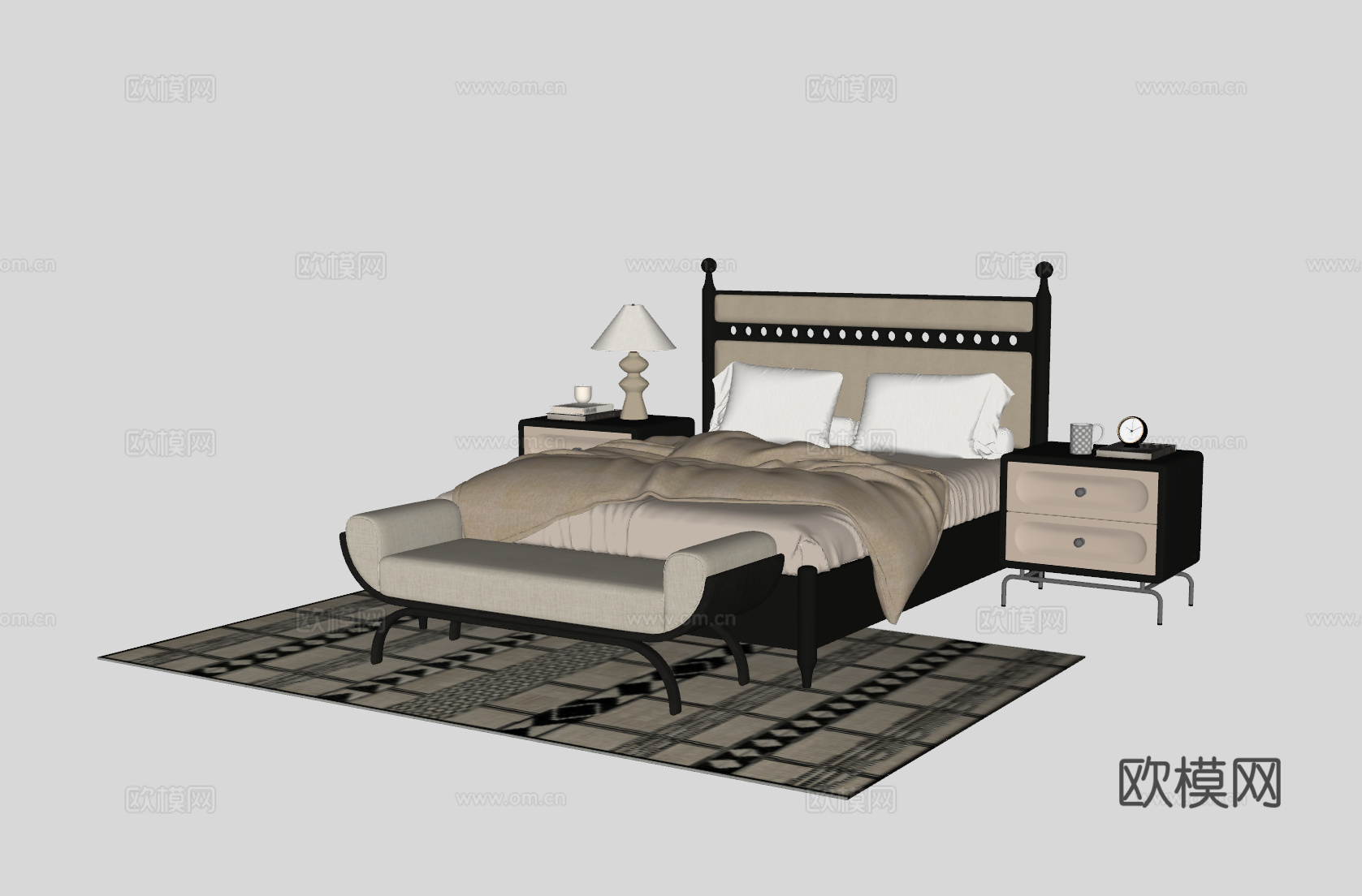 中古风双人床su模型