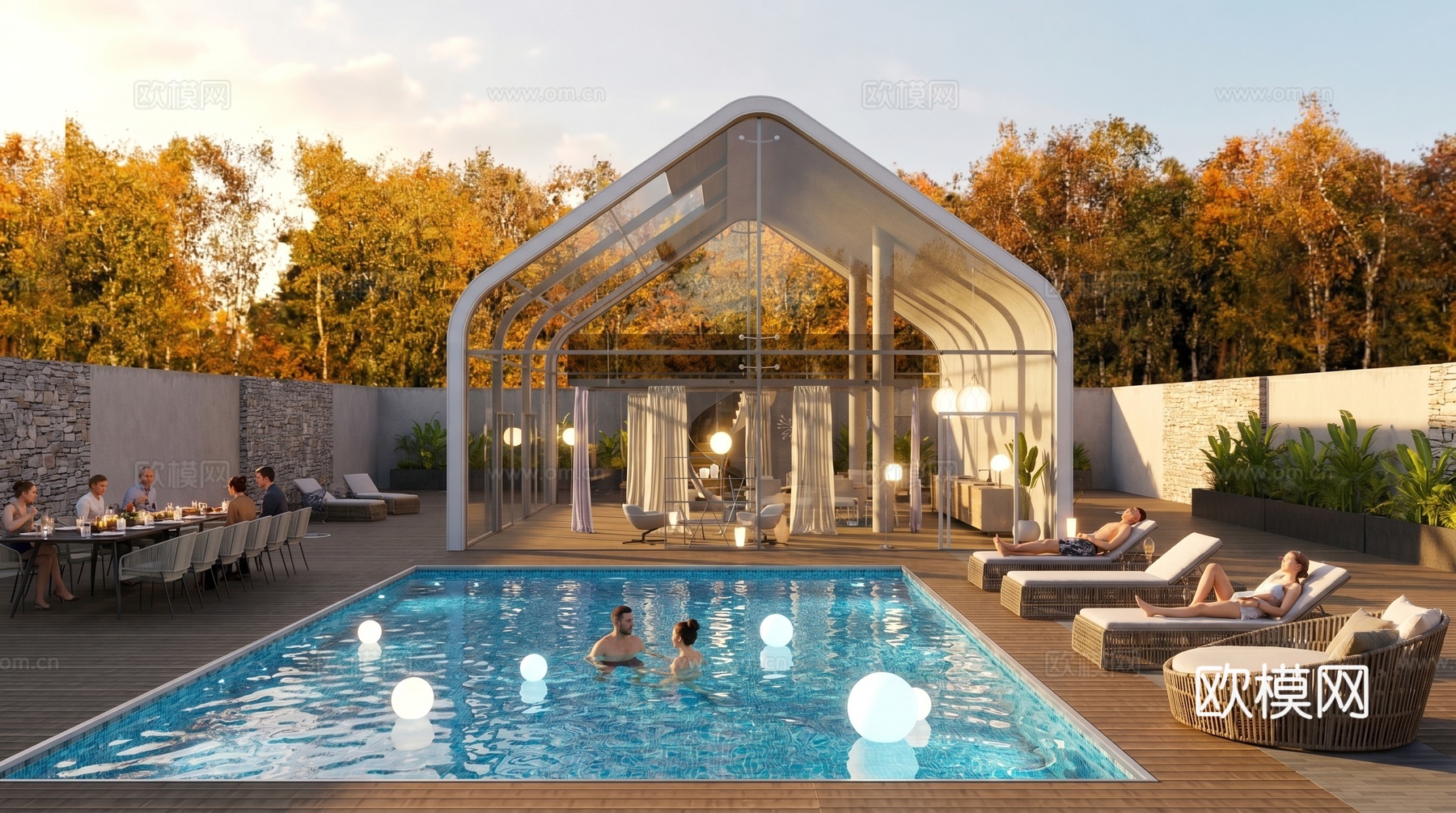 阳光房全案设计会所户外景观会客厅餐厅泳池派对su模型
