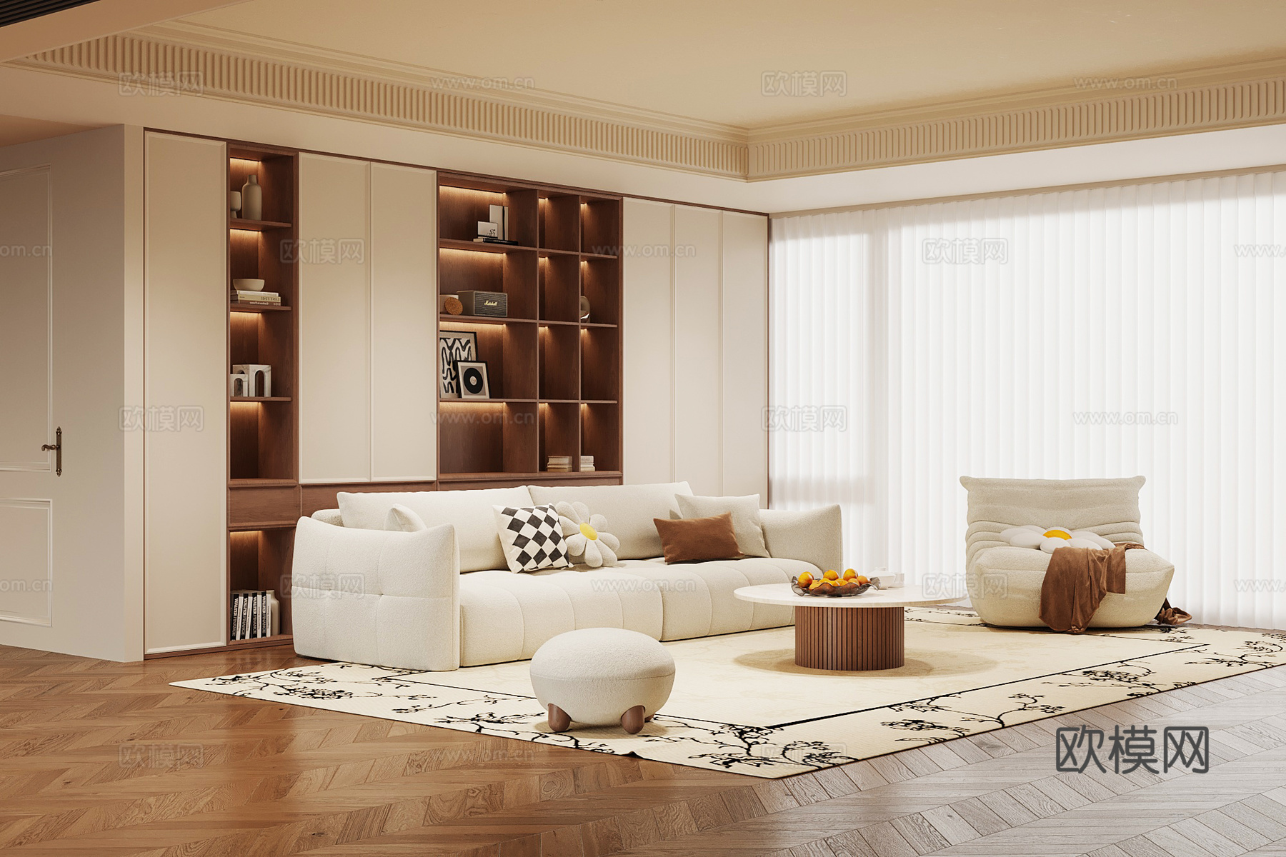现代中古风客厅 沙发茶几组合 书柜su模型