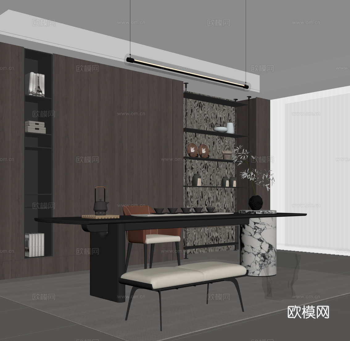 现代茶室 茶叶柜 茶桌椅 书房su模型
