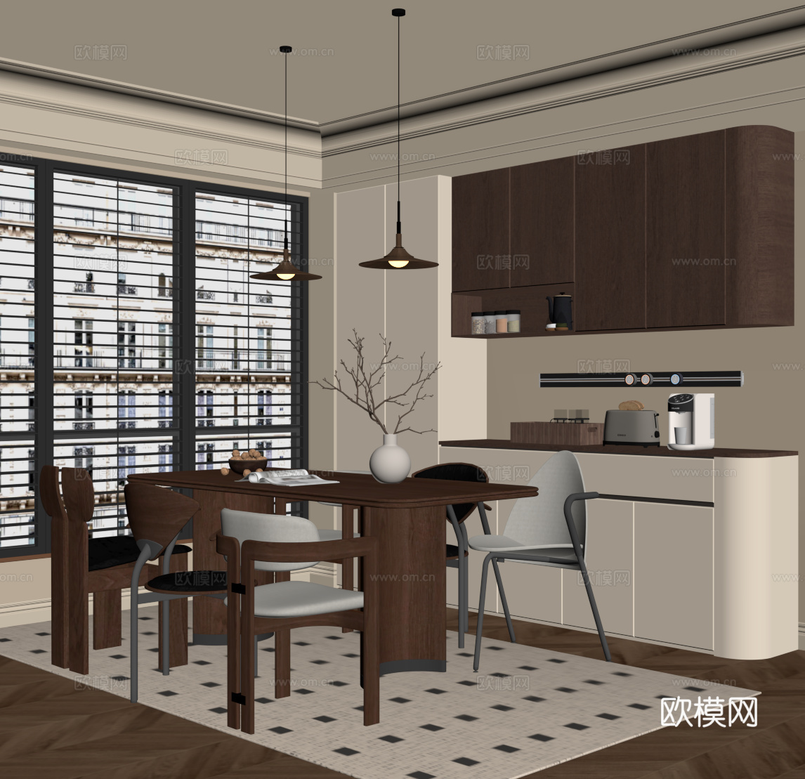 中古风餐厅 餐桌椅 酒柜su模型