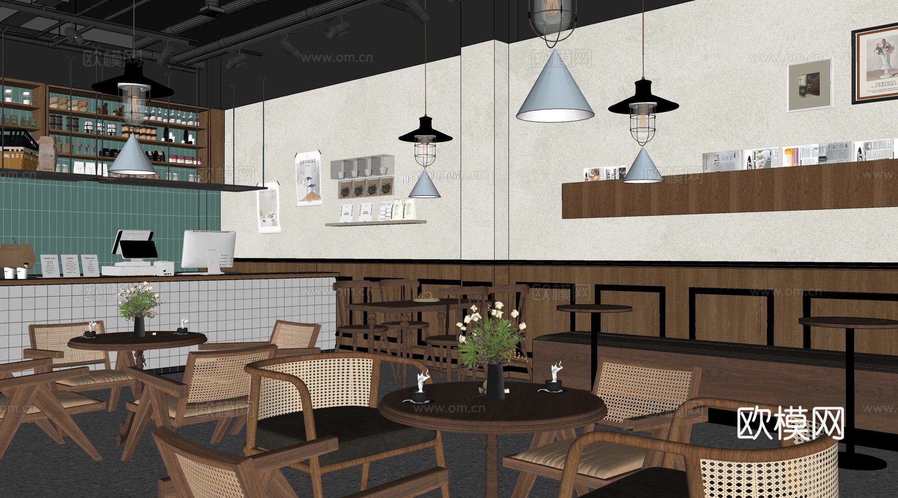 中古复古咖啡厅 奶茶店 咖啡吧台水吧台 咖啡桌椅组合su模型
