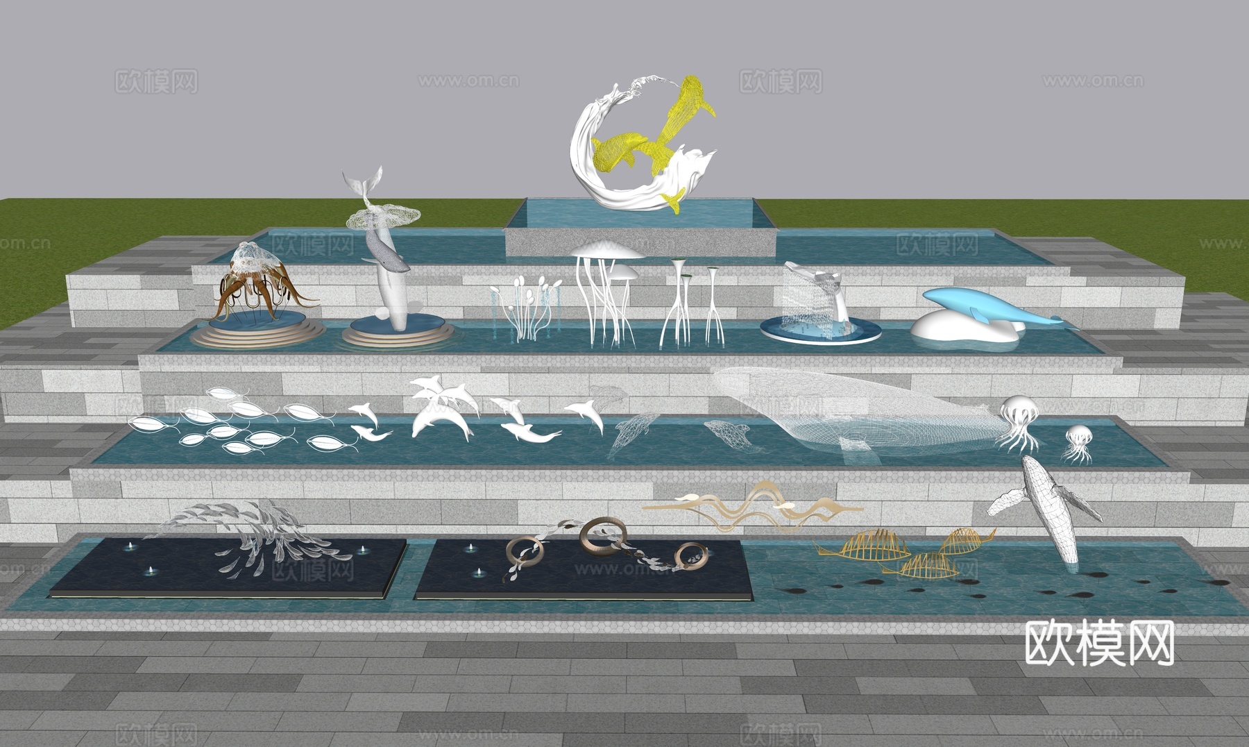 旱喷 雕塑   水景  水池 喷泉公园su模型