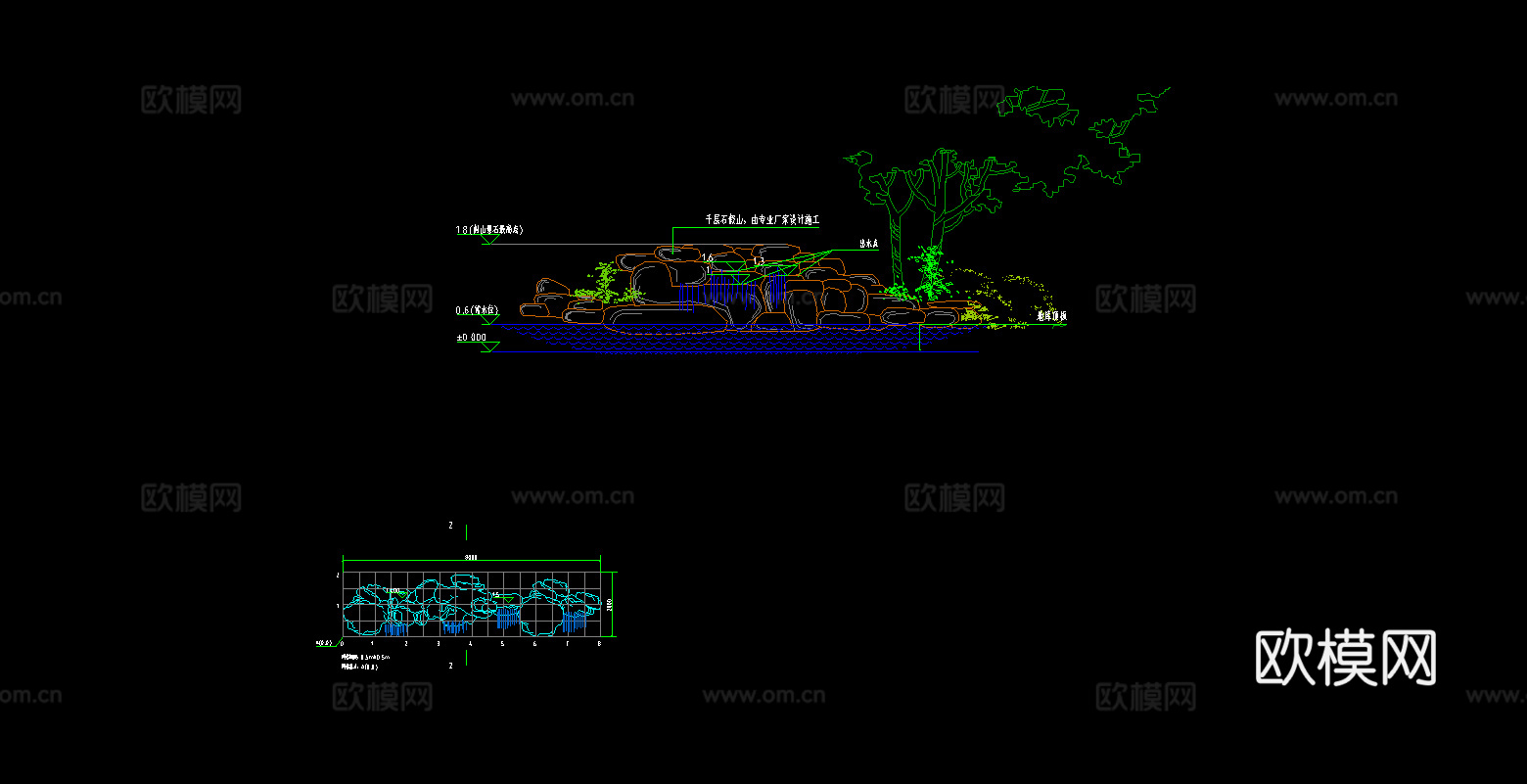 园林景观水池假山造景cad施工图