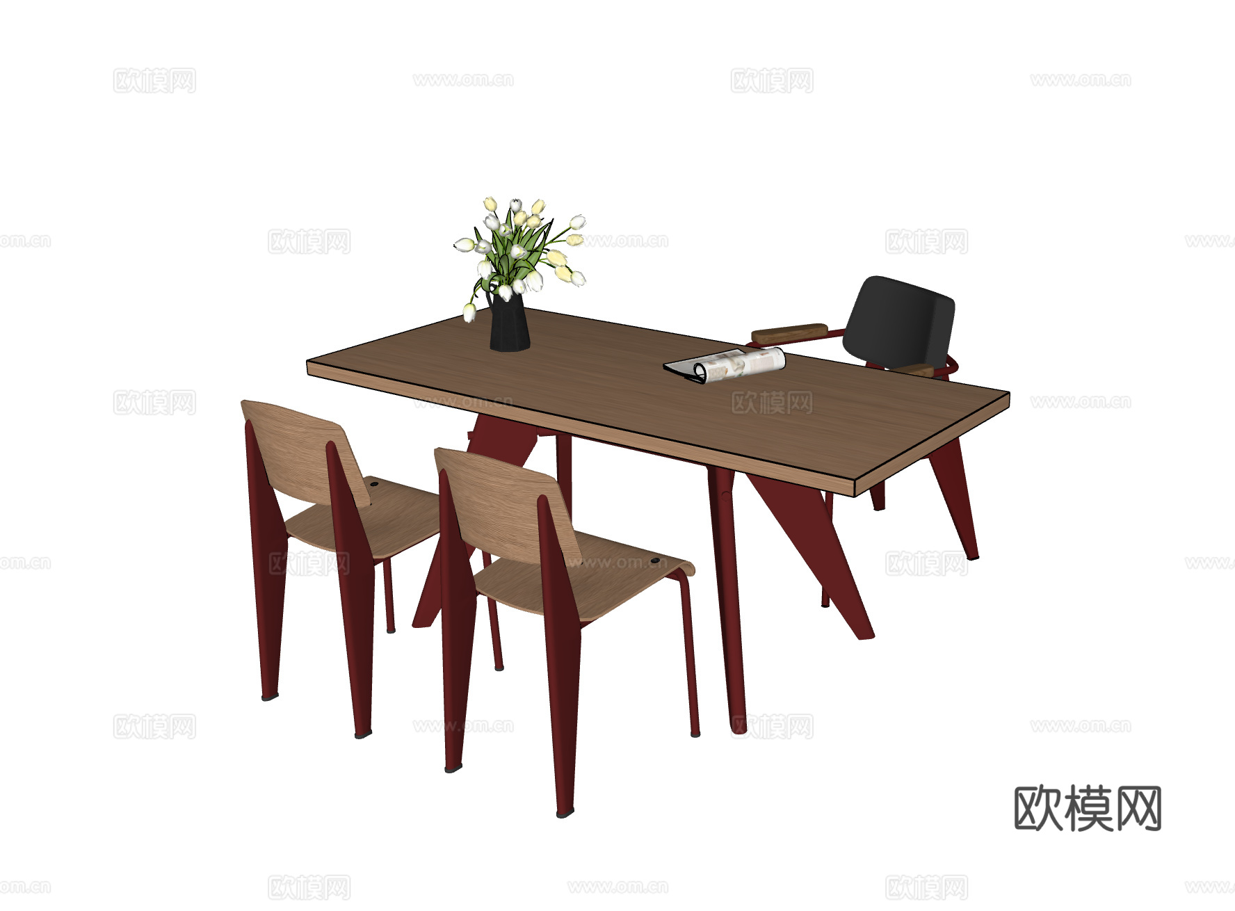VITRA 现代北欧 餐桌椅 办公桌 茶桌 ‌勃艮第红餐桌椅su模型