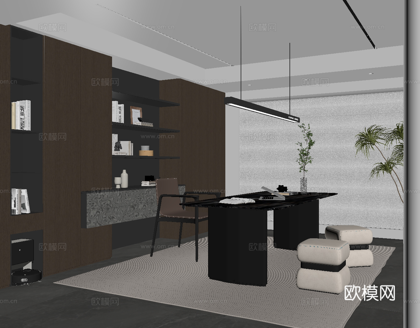 现代意式书房 书桌椅 书柜su模型