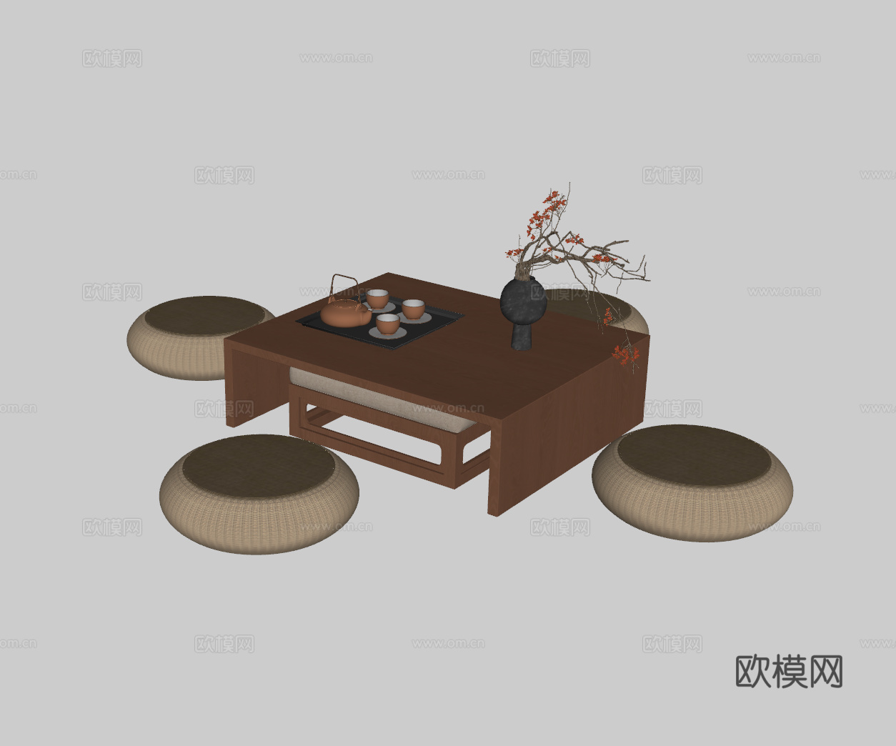 原木风茶桌su模型