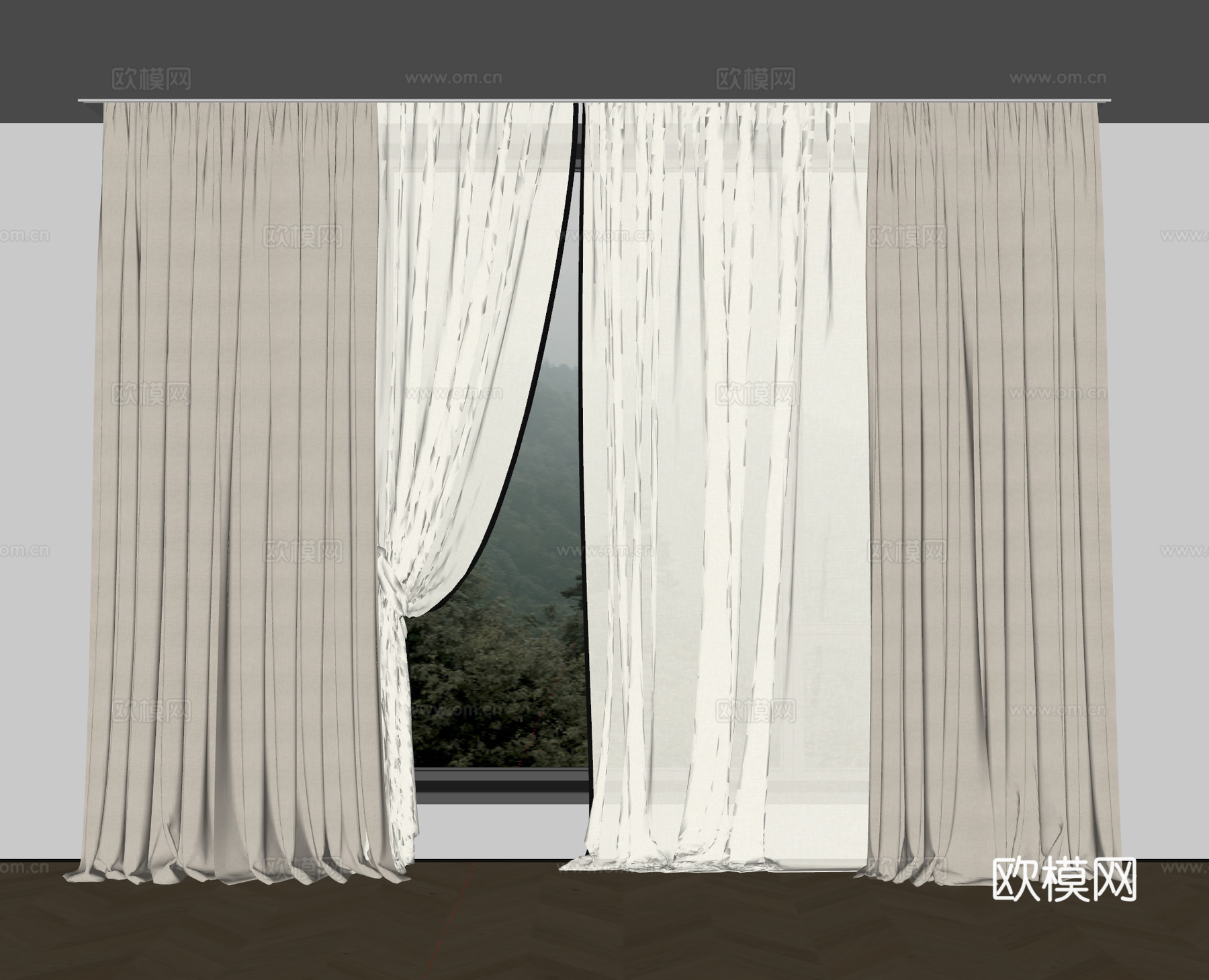 现代通用窗帘 纱帘 双层窗帘 米色窗帘 布艺窗帘su模型