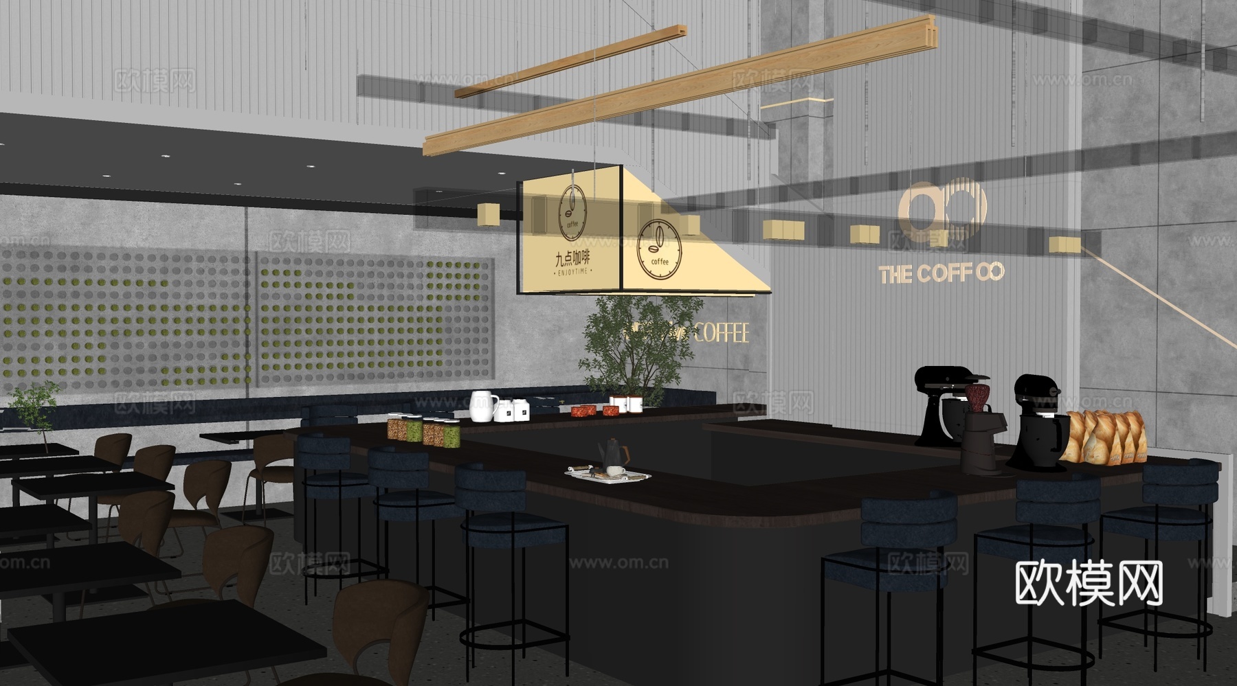 现代咖啡厅 奶茶店 咖啡吧台水吧台 咖啡桌椅组合su模型