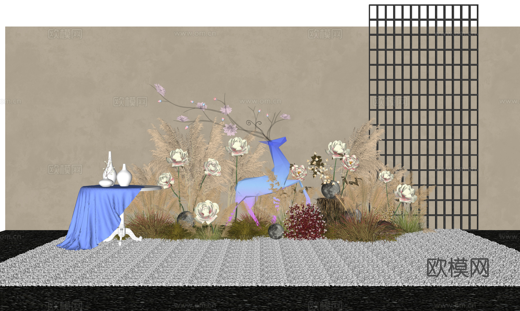 美陈  打卡 芦苇植物组合 麦穗 狼尾草 干草 花镜 植物堆su模型